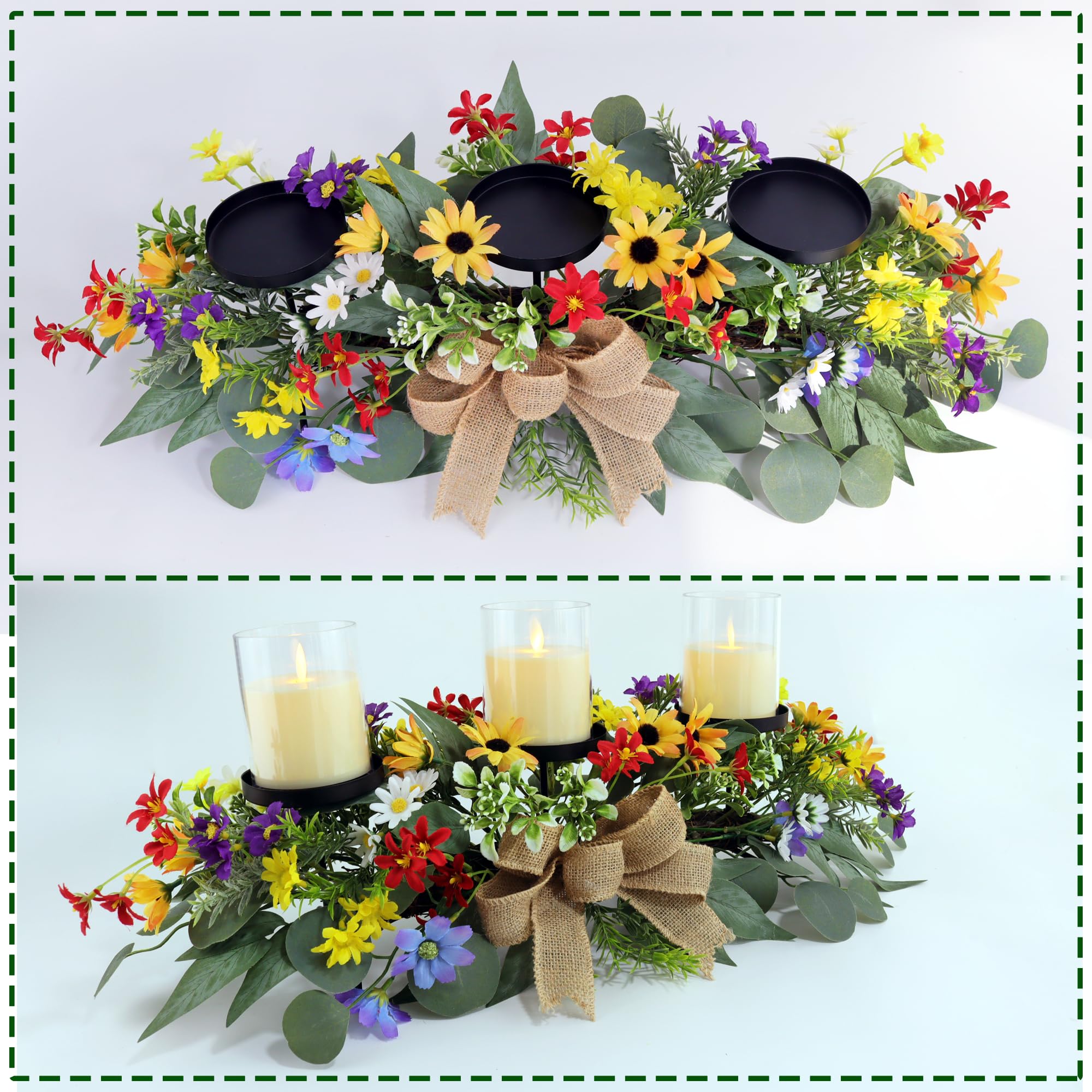 Fall Candle Holder Centerpiece with Maple Leaves, Pinecones, Berries & Burlap Bow,Thanksgiving Table Centerpiece Decoration for