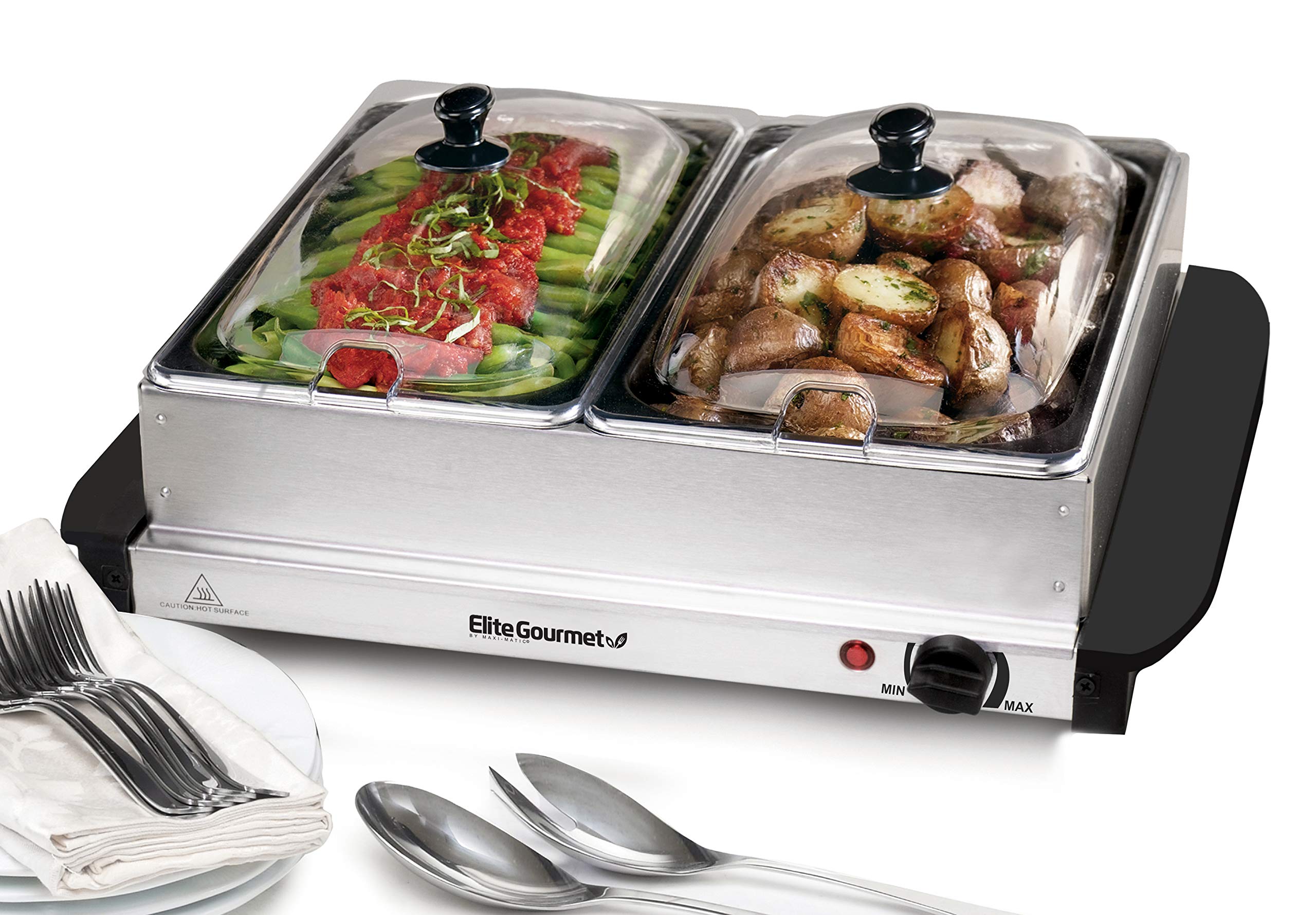Elite Gourmet Ewm-6122# Dual 2 X 2.5 Qt. Trays, Buffet Server, Food Warmer Temperature Control, Clear Slotted Lids, Perfect For