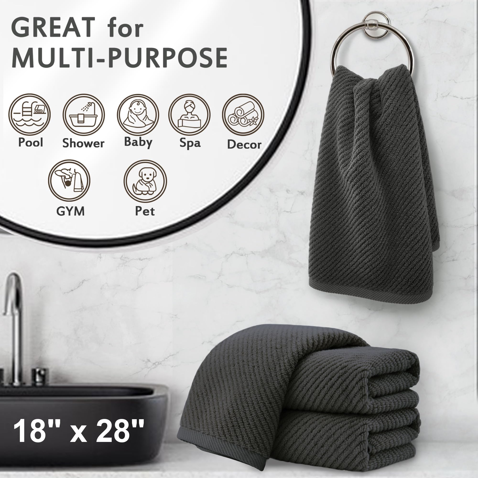 Voova & Movas Gray Hand Towels For Bathroom, Large 18'' X 28'' - 100% Cotton | Thick | Quick Dry | Lightweight | Absorbent | Sof