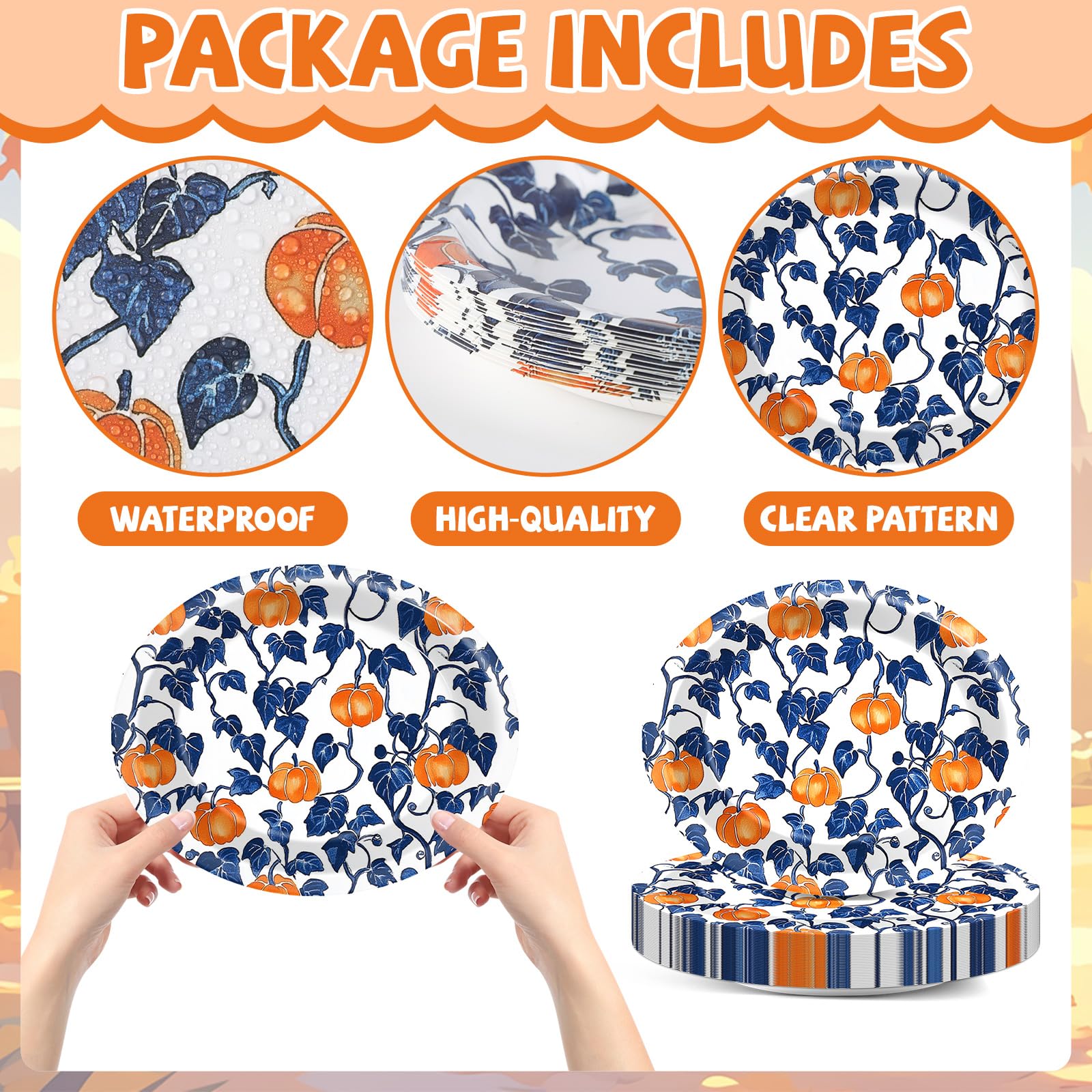 50 Pcs Blue Pumpkin Fall Oval Paper Plates 11inch Autumn Floral Leaves Plates and Napkins Thanksgiving Oval Disposable Dinnerwar