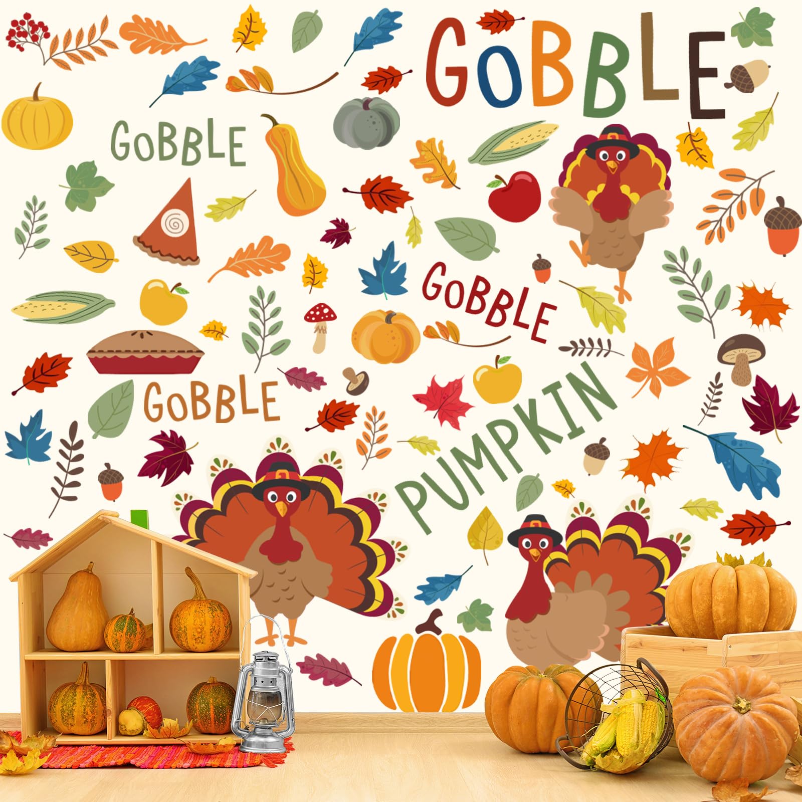 Fullhawl 6 Sheet Thanksgiving Day Stickers Colorful Leaf Pumpkin Turkey Gobble Stickers Fall Thanksgiving Wall Decor for Autumn 