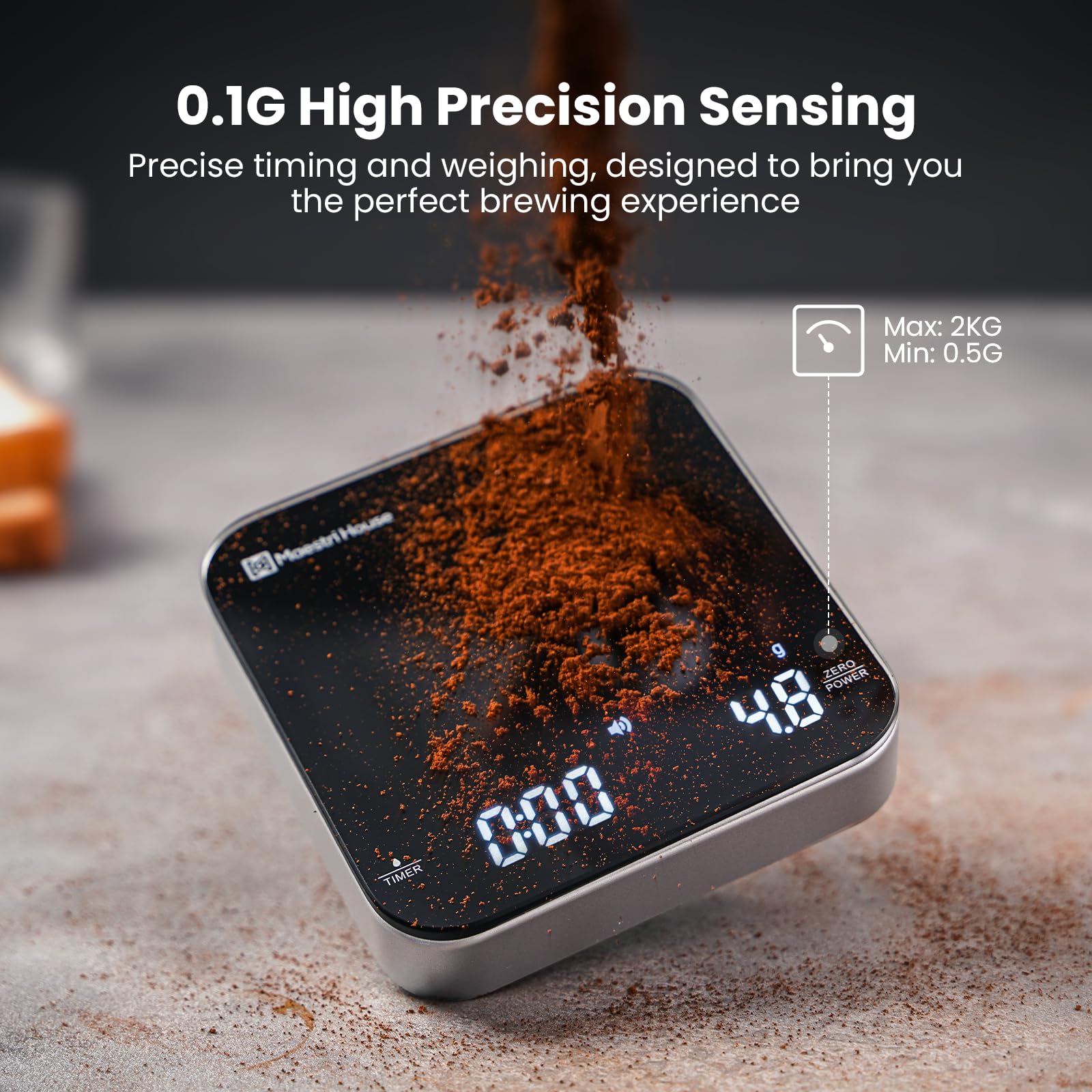 Rechargeable Mini Coffee Scale With Timer, Maestri House Espresso Scale, 2Kg/0.1G Accurate Scale For Espresso And Pour-Over Coff