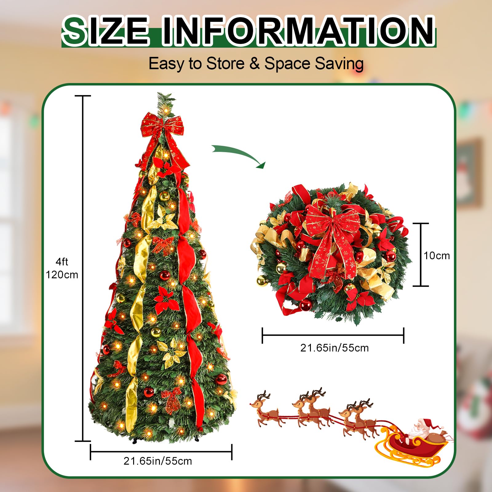 7ft Pop Up Prelit Artificial Christmas Tree with Remote Control, Collapsible Christmas Tree Pre-Decorated Red&Gold Decorations,