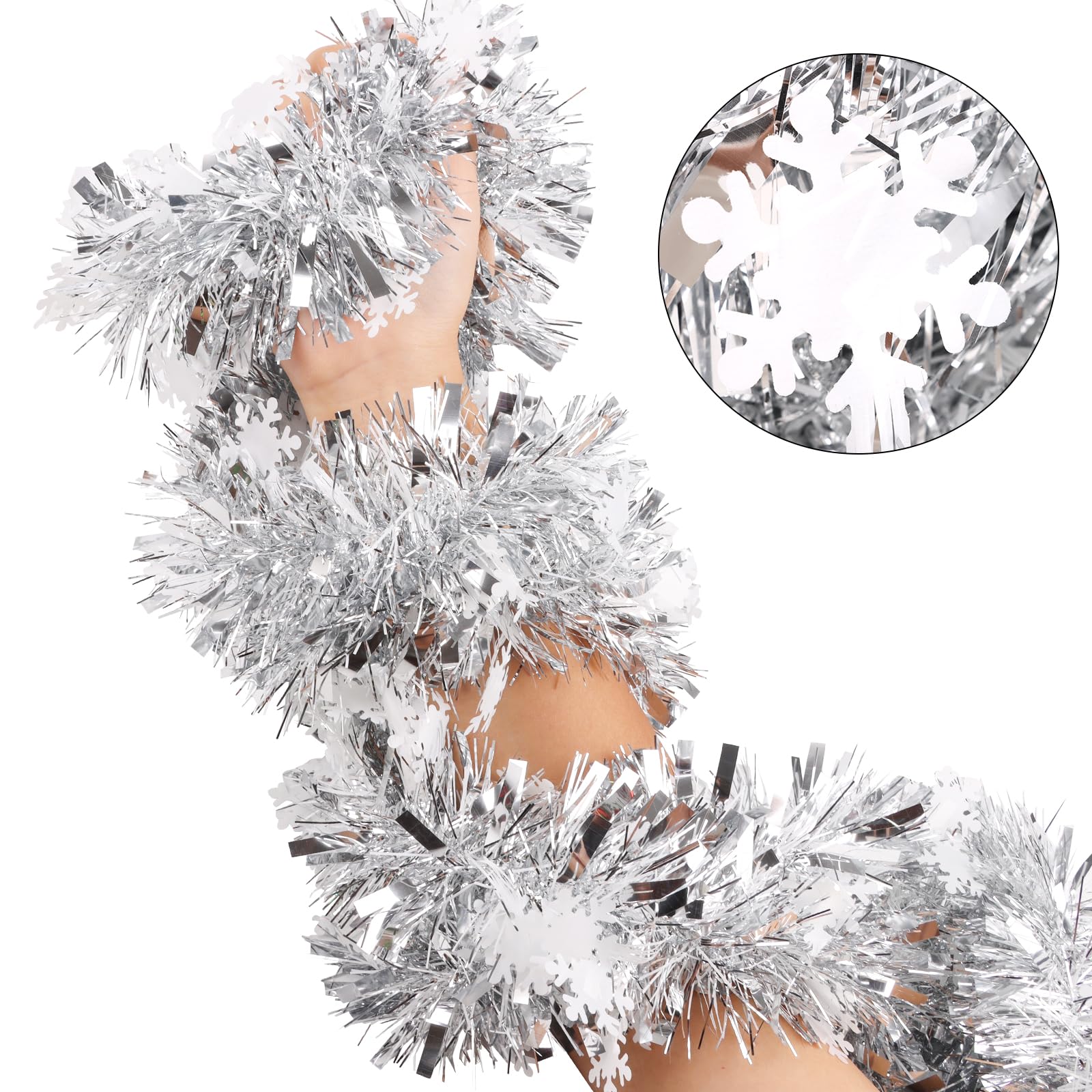 FOIMAS 33 Feet Christmas Tinsel Garland, Metallic Silver Christmas Snowflake Hanging Garland for Xmas Tree Fireplace Home Decora