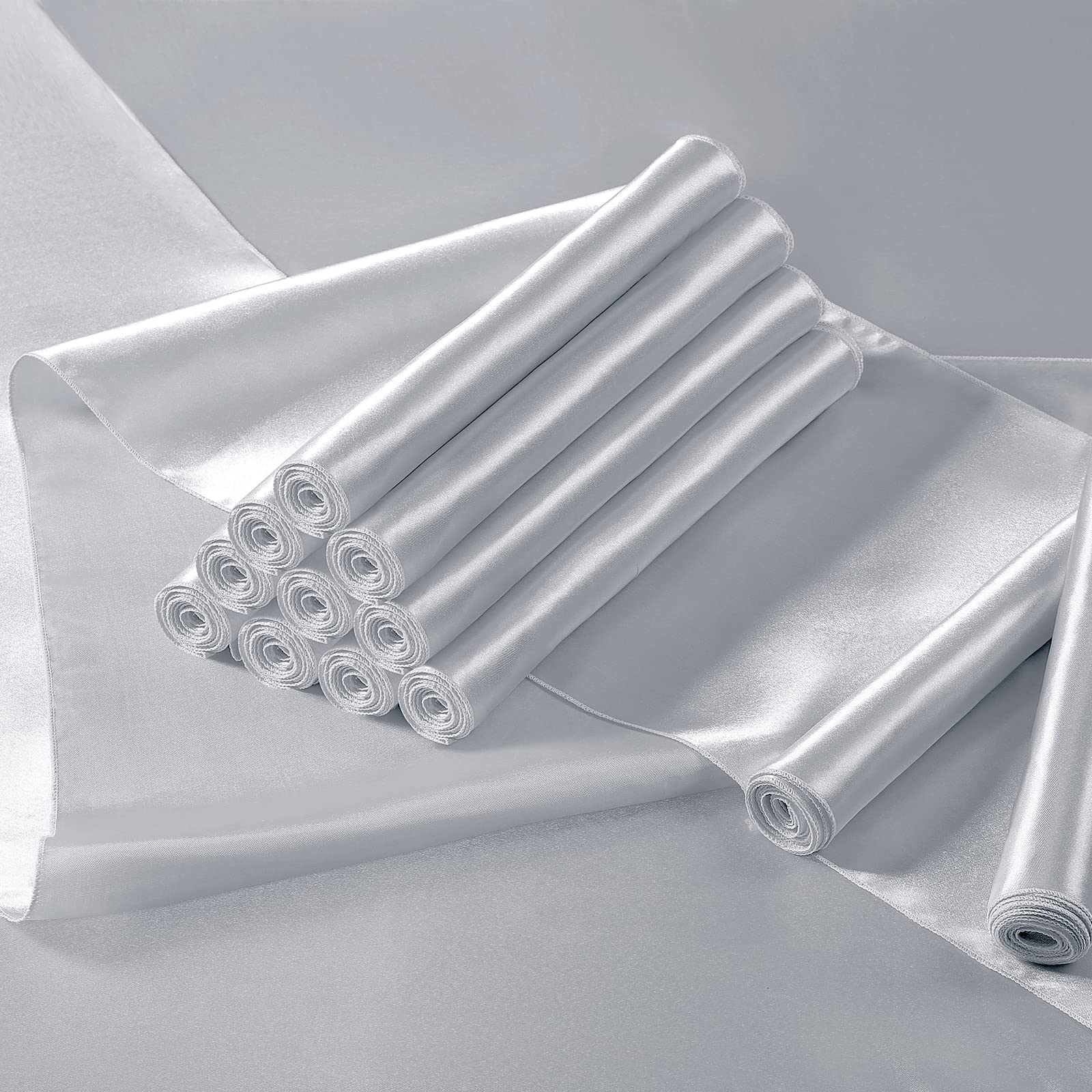 Manyshofu 12Pcs Satin Silver Table Runner - 12 x 108 Inch Long Size  Party Table Runner Decor Bright & Smooth Wedding Decorations Table Runner for Banquet Chef Birthday Buffet Dinner Graduations