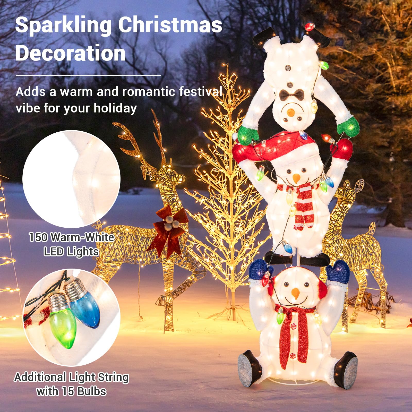 Tangkula 5.6 FT Lighted Christmas Stacked Snowmans Decoration, Pre-Lit Snowman Ornament with LED Lights, Light String, Outside X