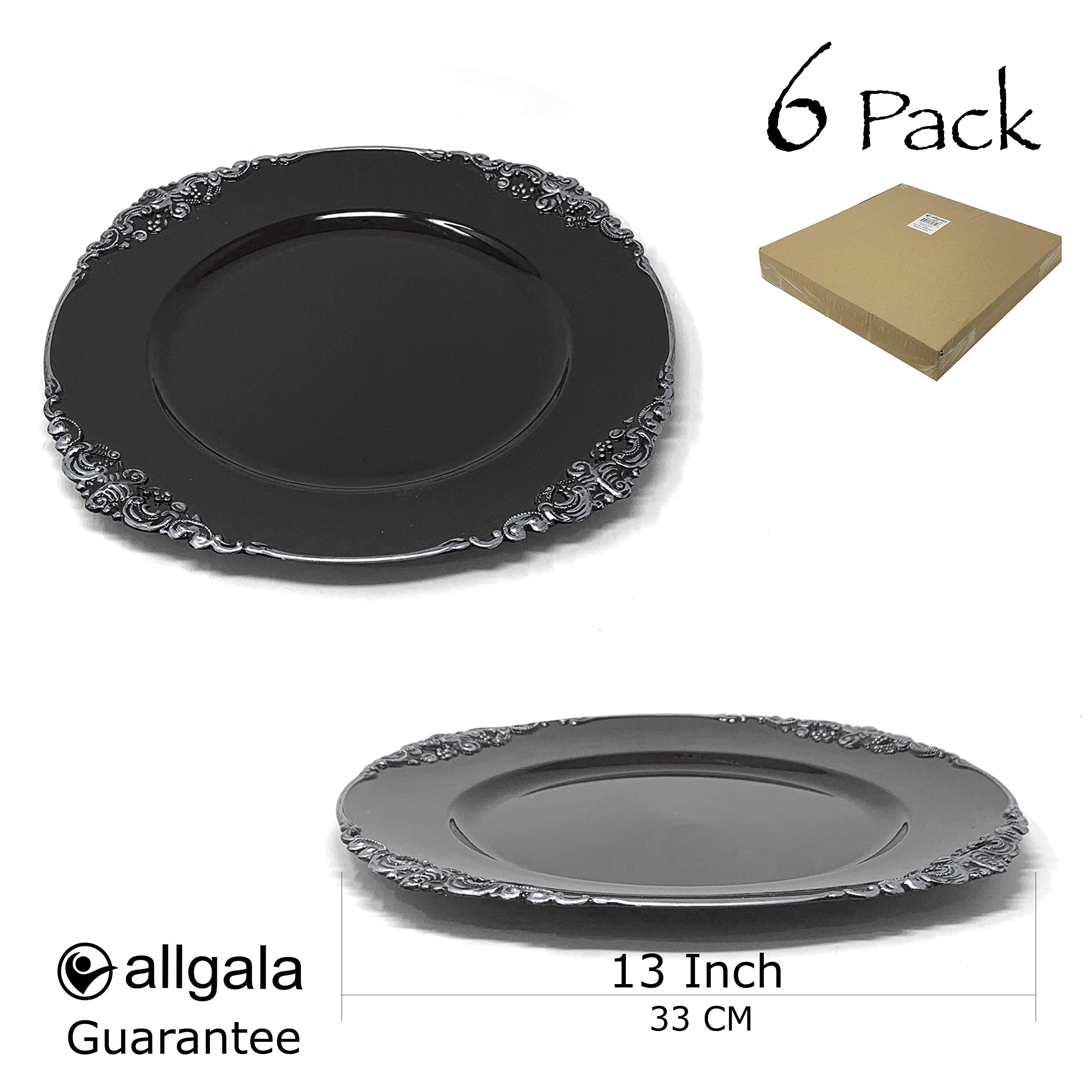 allgala 13-Inch 6-Pack Heavy Quality Round Charger Plates-Floral Black Gold Trim-HD80343
