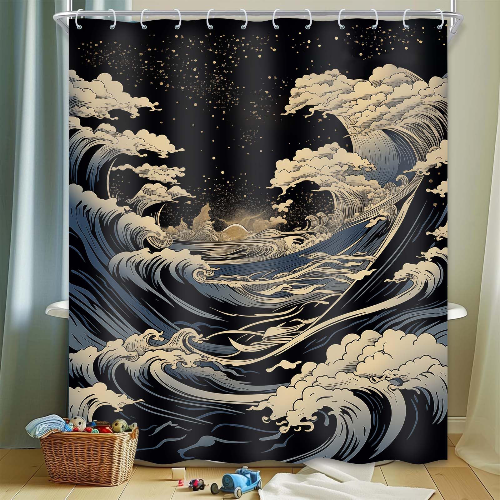 Dltay Anime Shower Curtain Japanese Great Waves Shower Curtain For Bathroom Oriental Asian Sea Waves Bath Decor With 12 Hooks 70