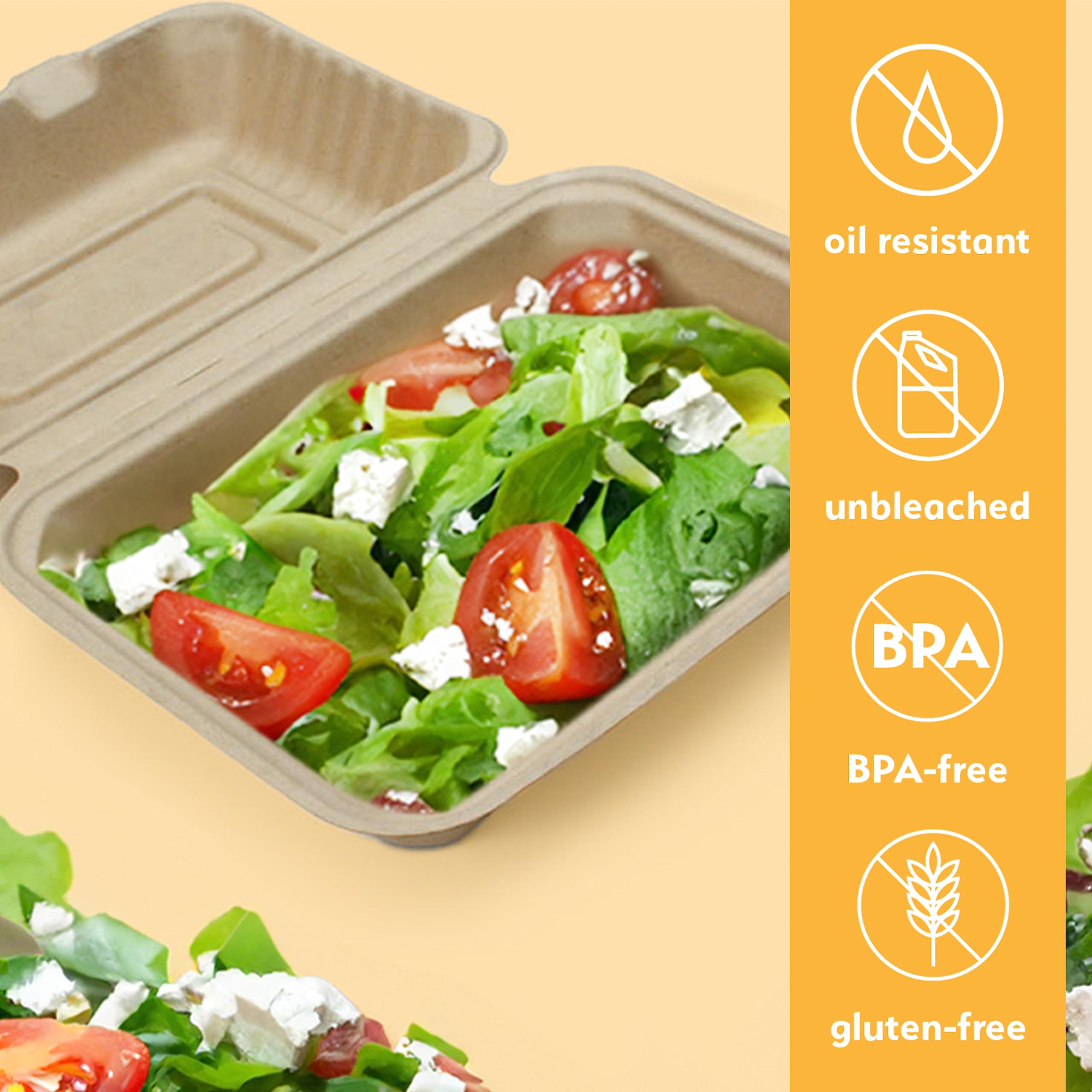 100% Compostable Disposable Food Containers With Lids [9   X6    50 Pack] Eco-Friendly Take-Out To-Go Containers, Heavy-Duty, Bi