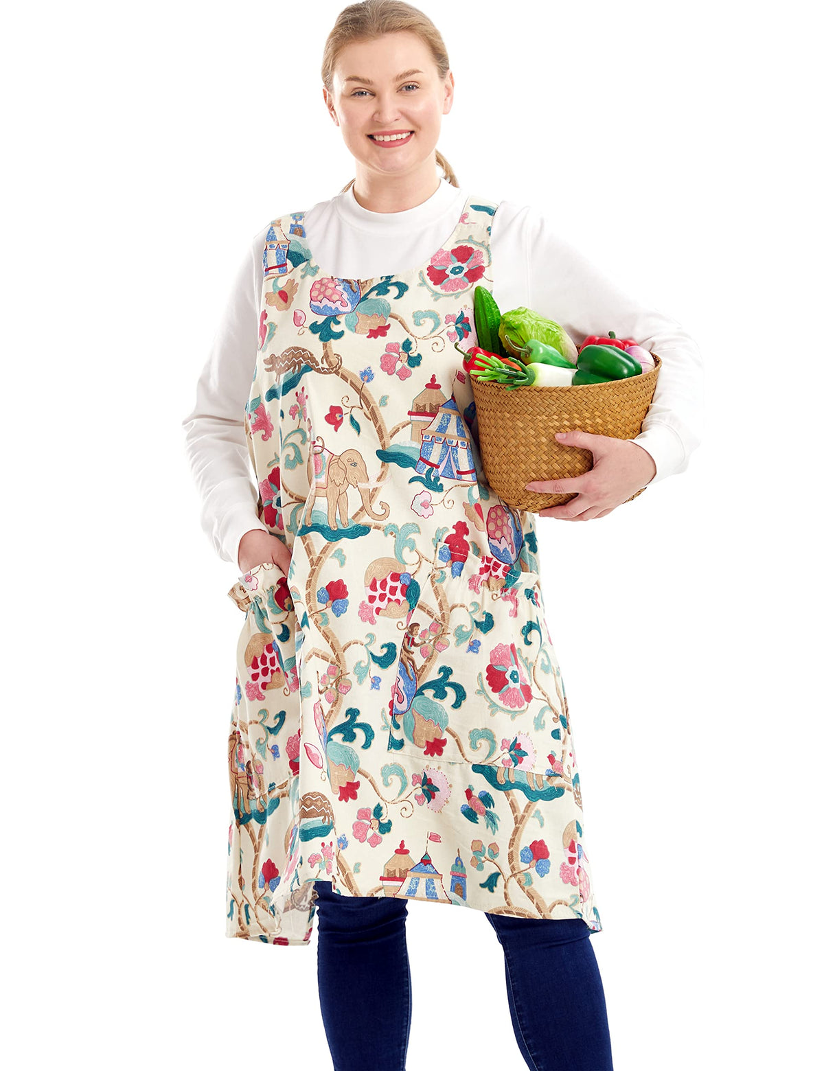Apronner Big Plus Size Aprons For Women With Pockets Cotton Linen Baking Kitchen Cooking Sacred Flowers