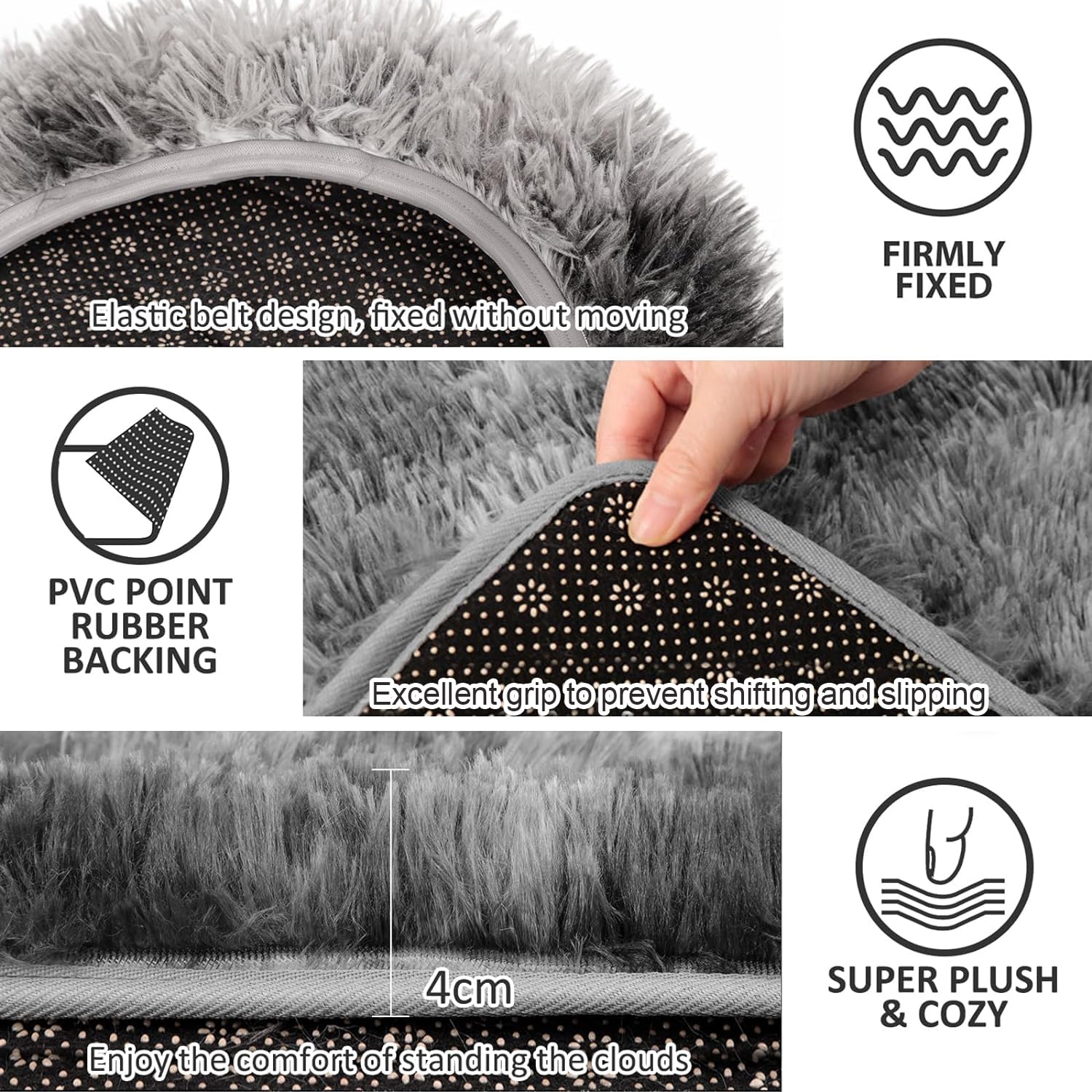 3 Piece Thicken 0.4'' Bath Rugs Set For Bathroom  Contour Mat + Toilet Seat Cover  Super Long  Soft Microfiber  Water Absorbent & Non-Slip with PVC Point Rubber Backing (Grey)