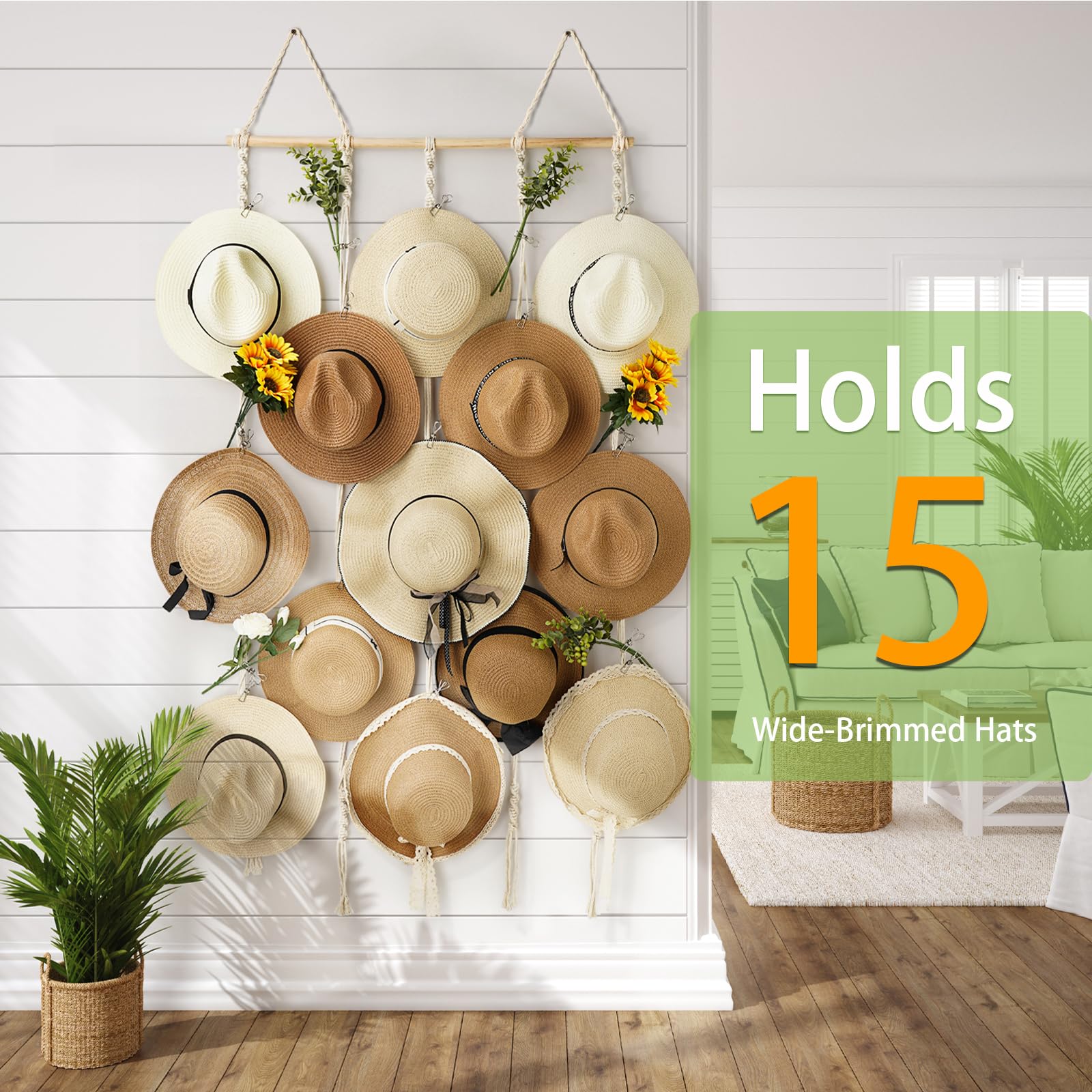 Hydermus Hat Rack For Wall 31X53 In Hat Organizer With 15 Clips Hanging Macrame Hat Hangers For Wide Brimmed Hat Display Women H
