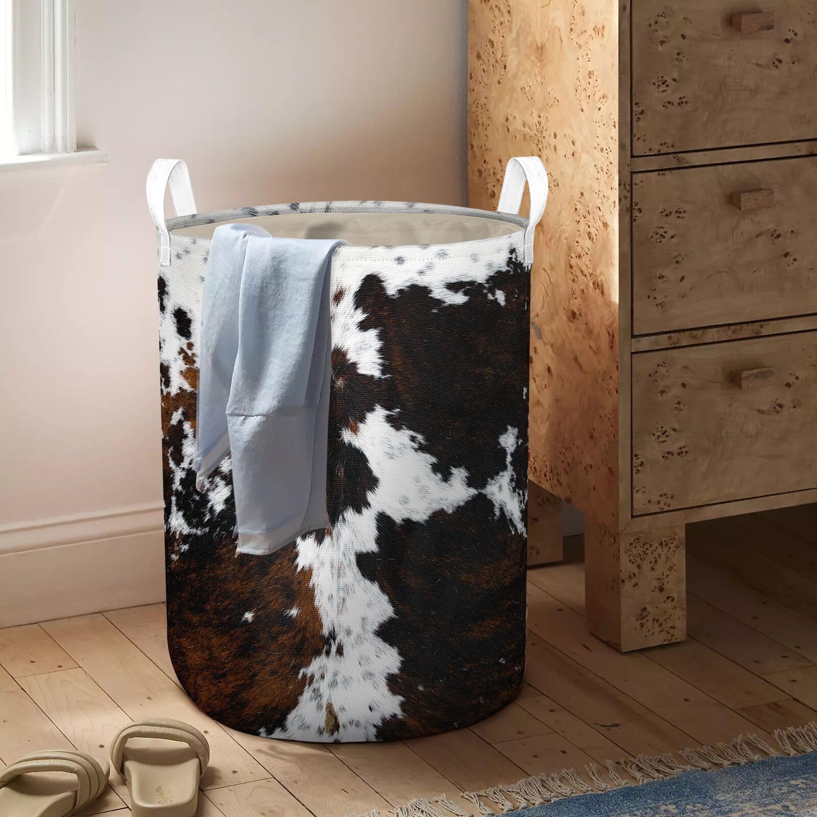Highland Cow Laundry Basket With Lining Cowskin Printed Boys Girls Laundry Hamper For Clothes Storage Toys Bin Brown And White C