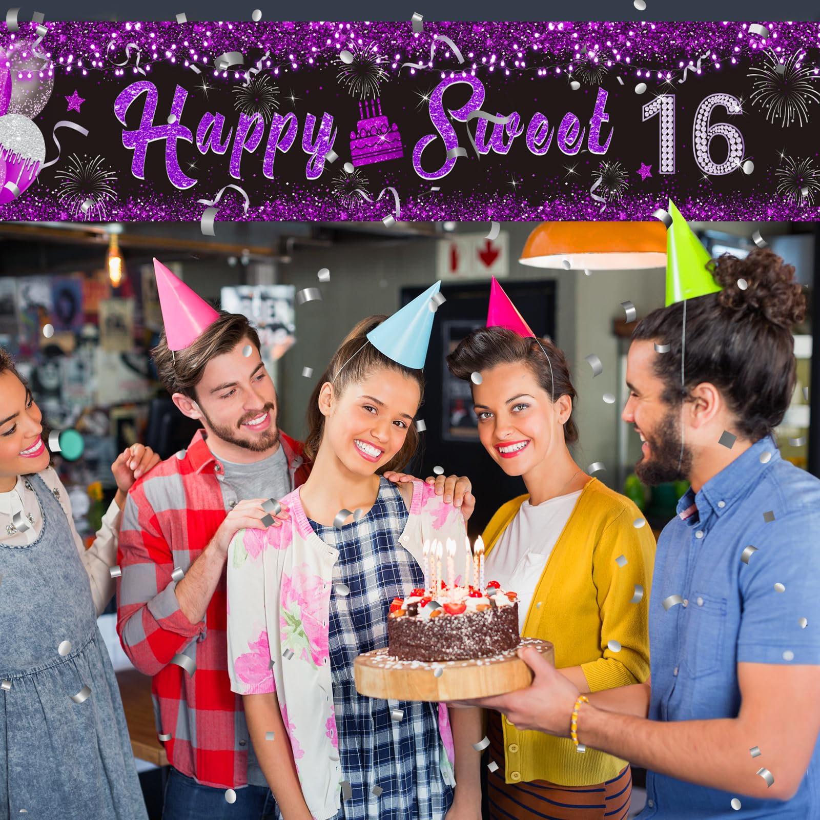 Purple 16Th Birthday Decorations Banner For Girls Happy Sweet 16 Birthday Yard Banner Black Purple And Silver 16Th Birthday Yard