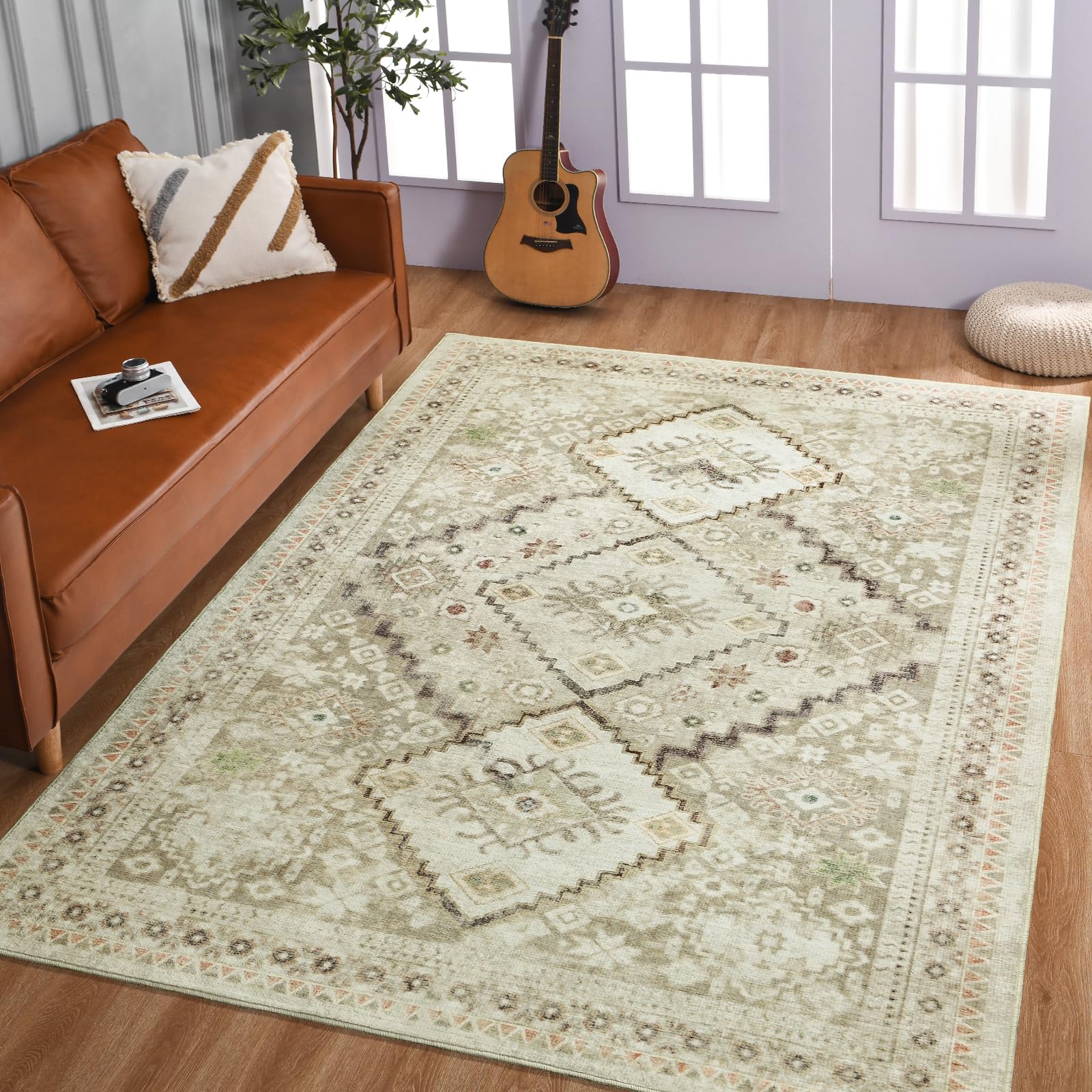 Washable Rug 4x6 Area Rug Beige Vintage Floral Print Nonslip Thin Foldable Carpet for Living Room Bedroom Kitchen and Bathroom T