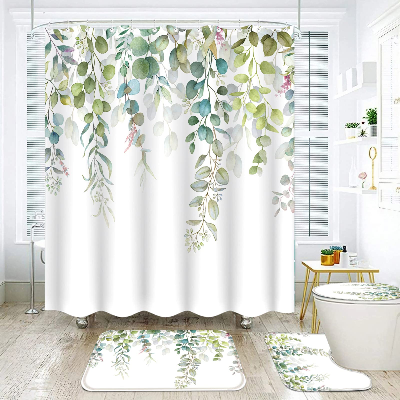 Fungarth 4 Pcs Green Eucalyptus Shower Curtain Set With Rug Teal Plant Leaf Bathroom Sets With Waterproof Fabric Shower Curtain