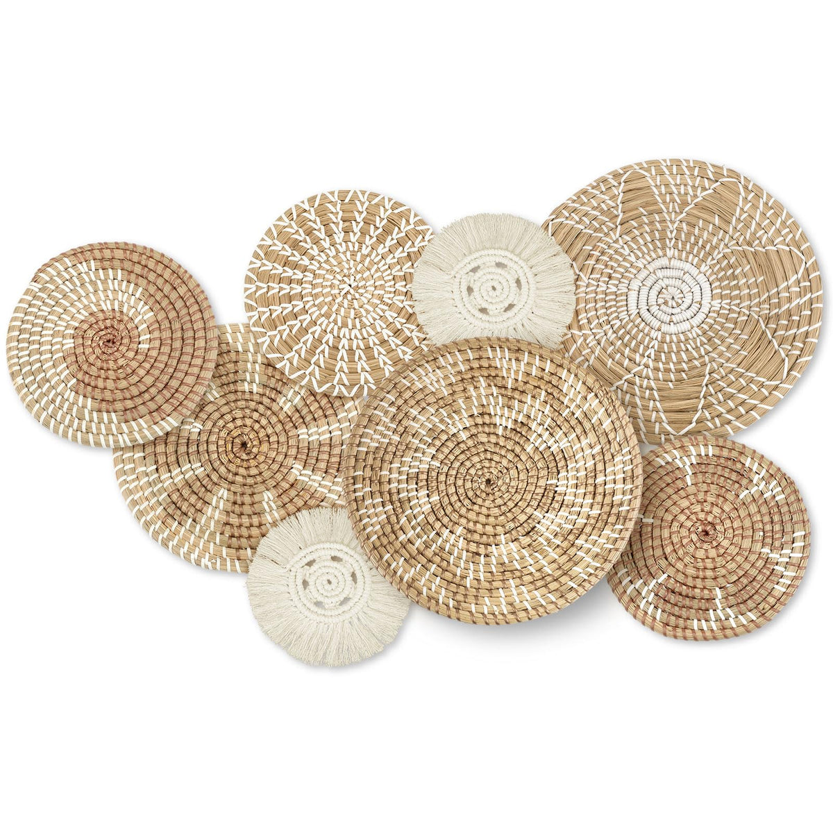 Xuhal Set Of 8 Hanging Woven Wall Basket Handmade Decorative Rustic Boho Wall Basket Decor Handcrafted Wicker Round Seagrass Bas