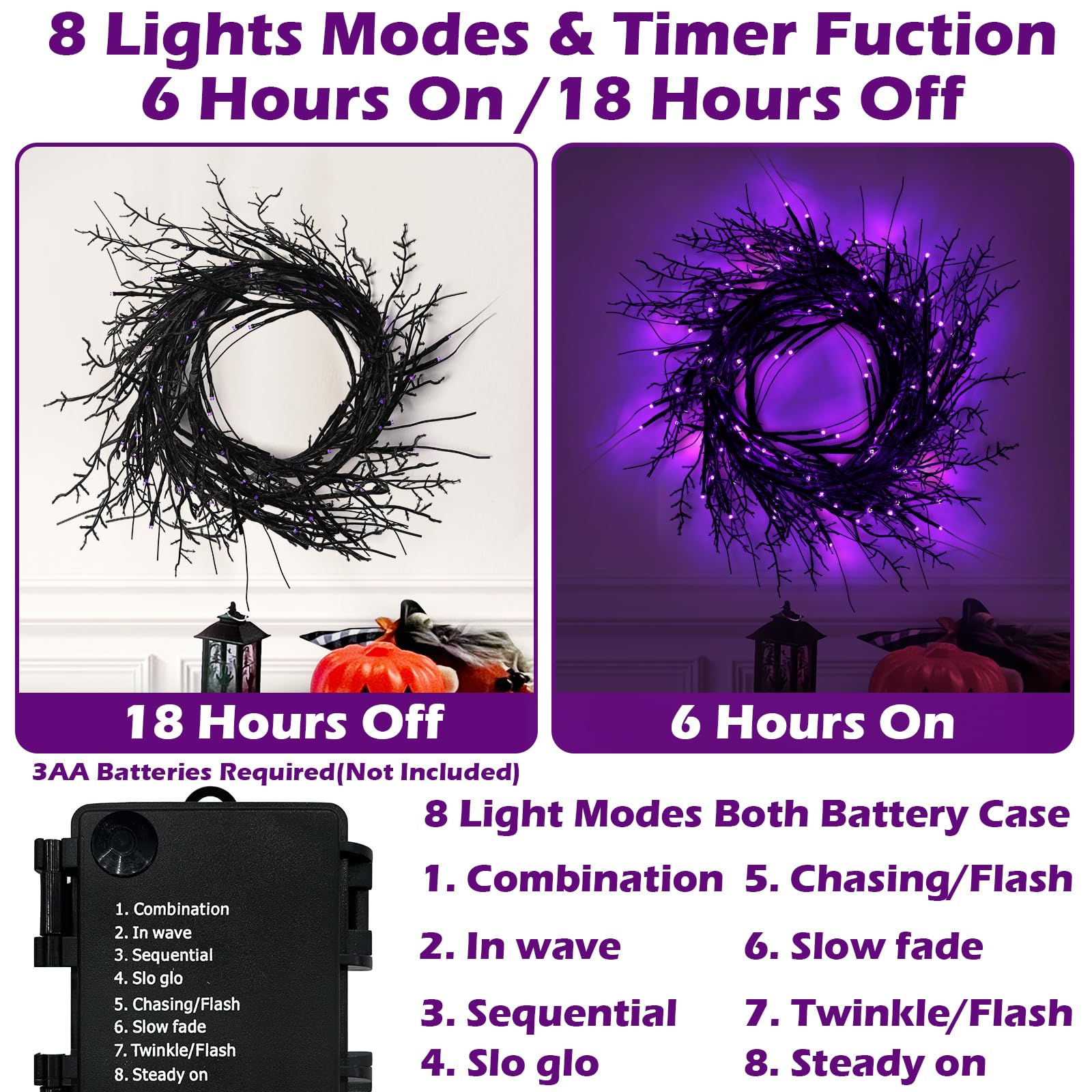 SURCVIO 9 Ft 54 LED Halloween Willow Vine Twig Decor Garland Waterproof Battery Operated Halloween Decorations for Home Wall Man