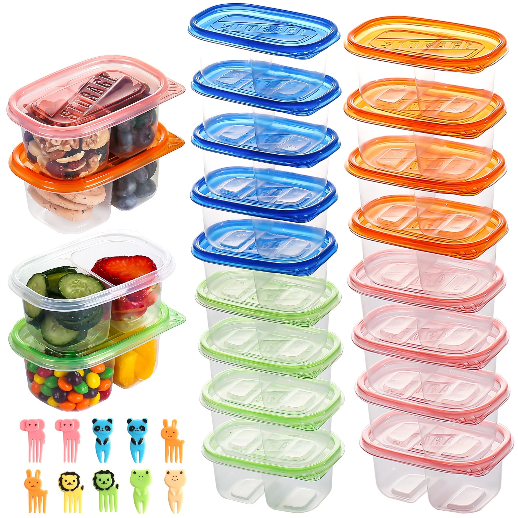 Alfeva 20Pcs Double Compartment Snack Containers For Kids Adults,Reusable Snack Containers With Lids, Bento Box-Lightweight And 