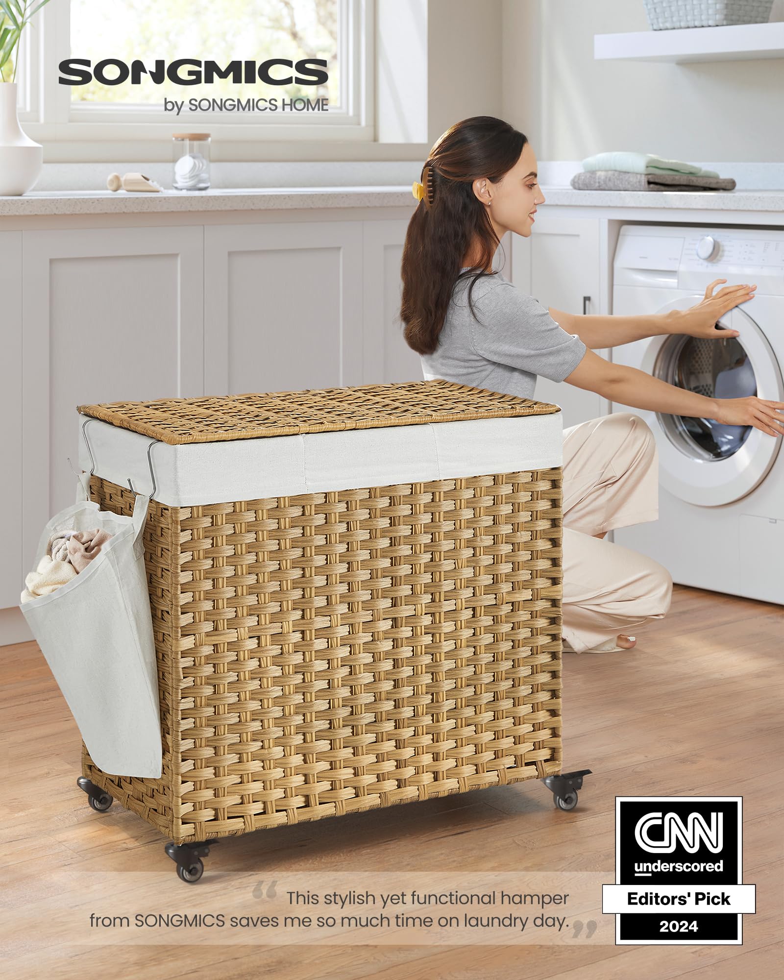 Songmics Laundry Hamper With Lid, 42.3 Gallons (160 L), Rolling Laundry Basket With Wheels, 3-Section Synthetic Rattan, Removabl