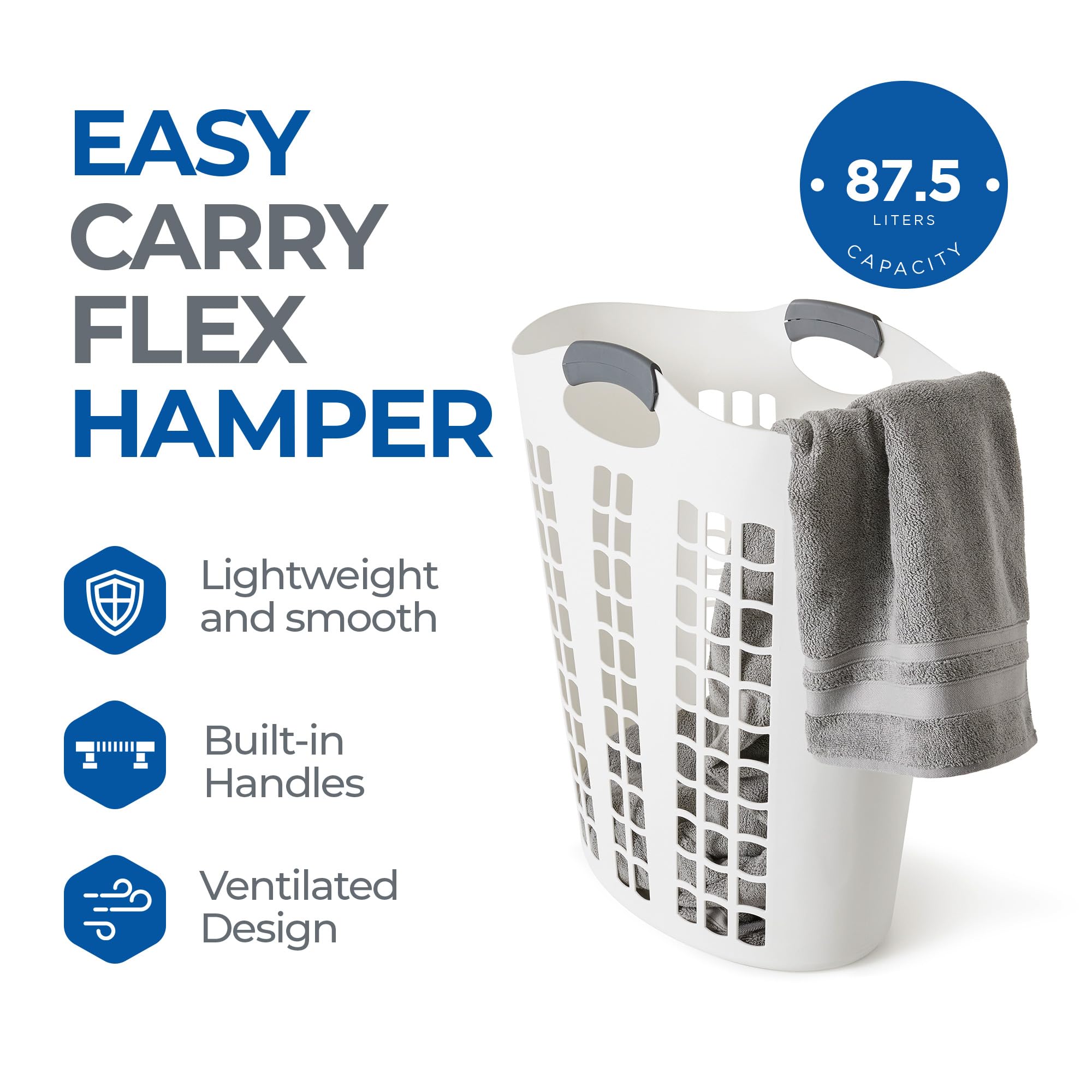 Gracious Living Easy Carry Flex Hamper, Large 87.5 Liter Lightweight Plastic Ventilated Laundry Basket Clothes Bin With Handles,