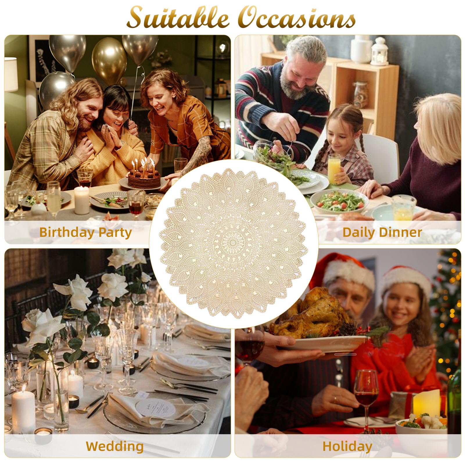 Mabbcoo Gold Round Placemats, Hollow Out Washable And Wipeable Place Mats, Pressed Vinyl Table Mats Set Of 6 For Anniversary Din