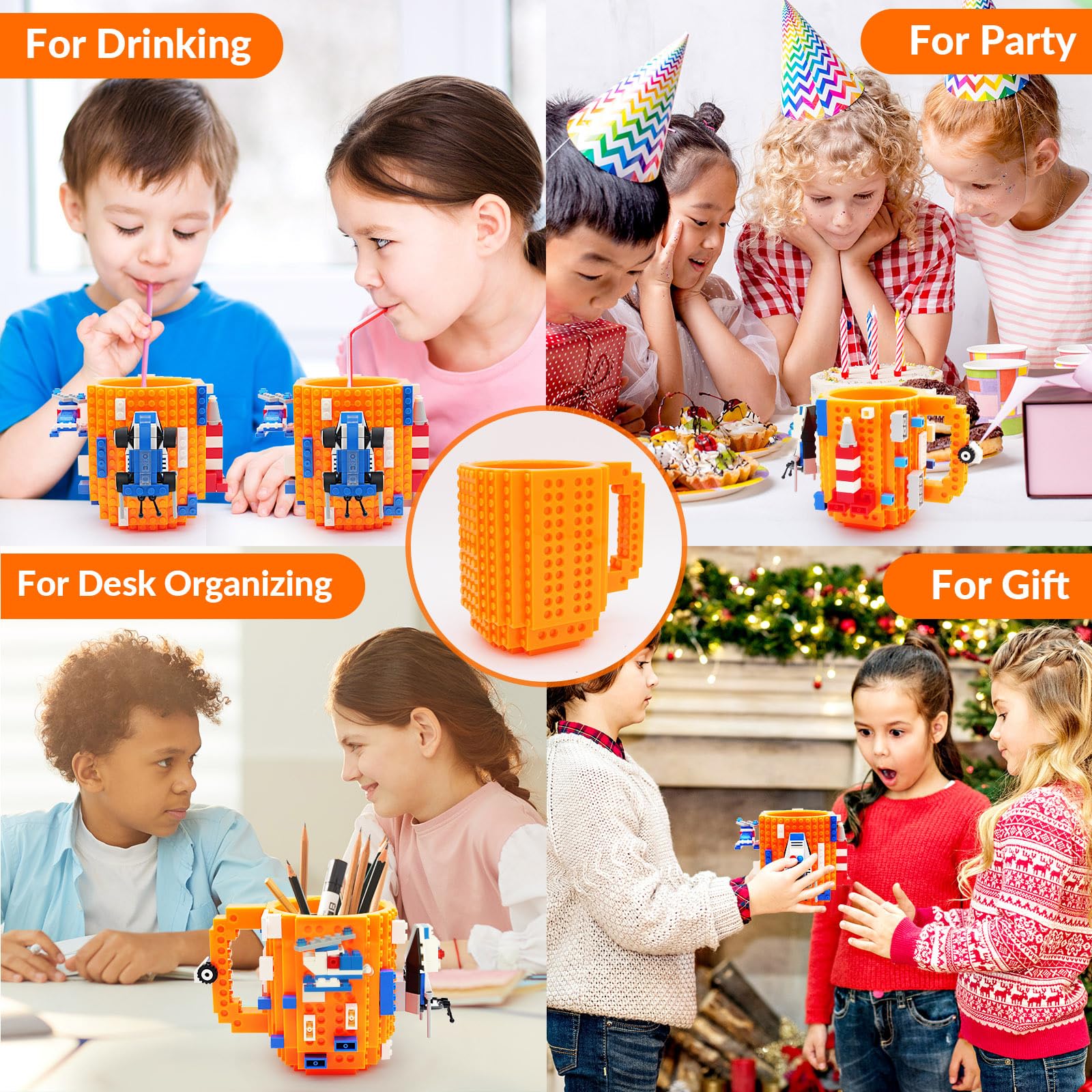 Lumsburry Build-on Brick Coffee Mug, 4 Piece Set, Plastic, Orange - Fun DIY Novelty Cup for Kids & Adults, Perfect Gift