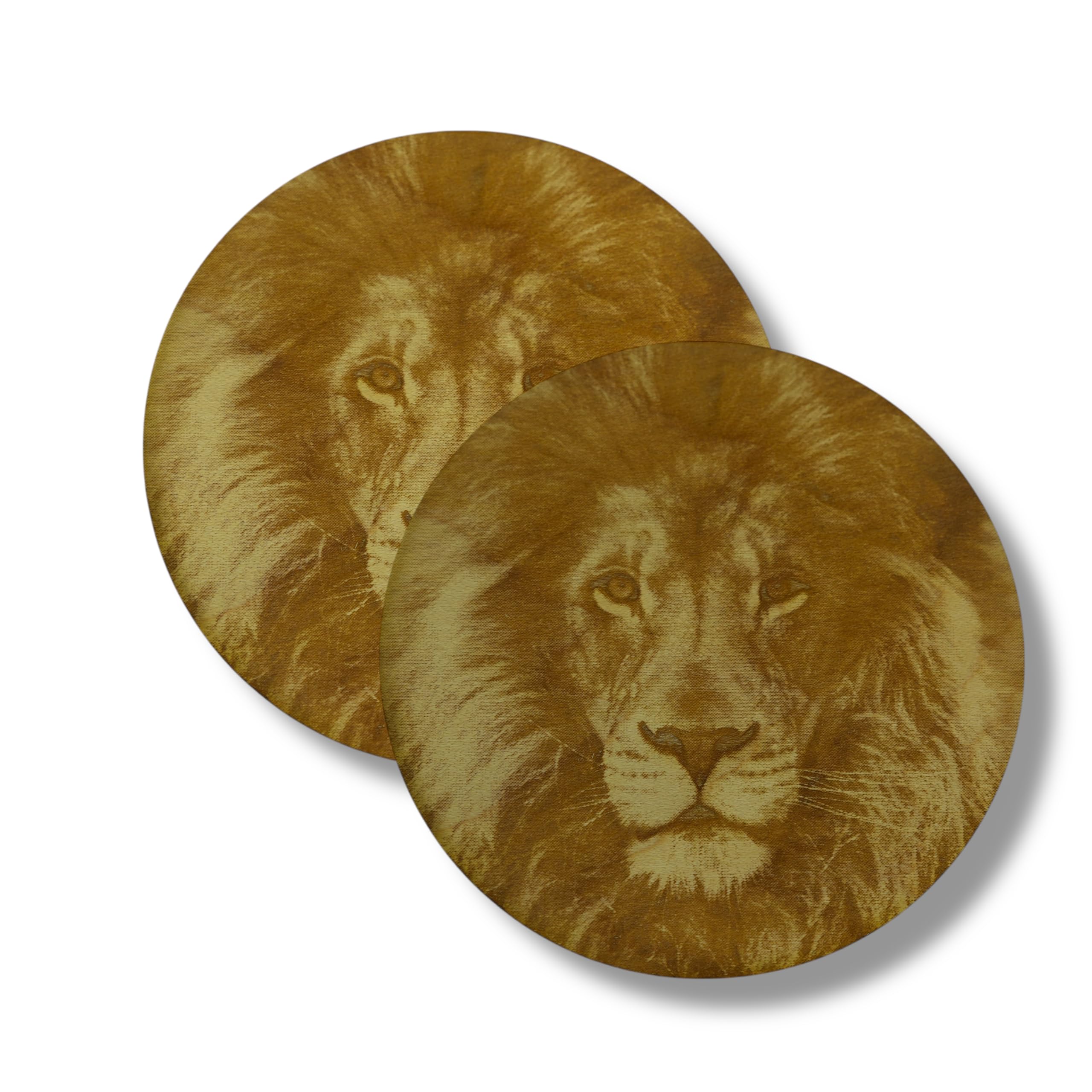 Coasters  Lion Set of 2 Raw Wood