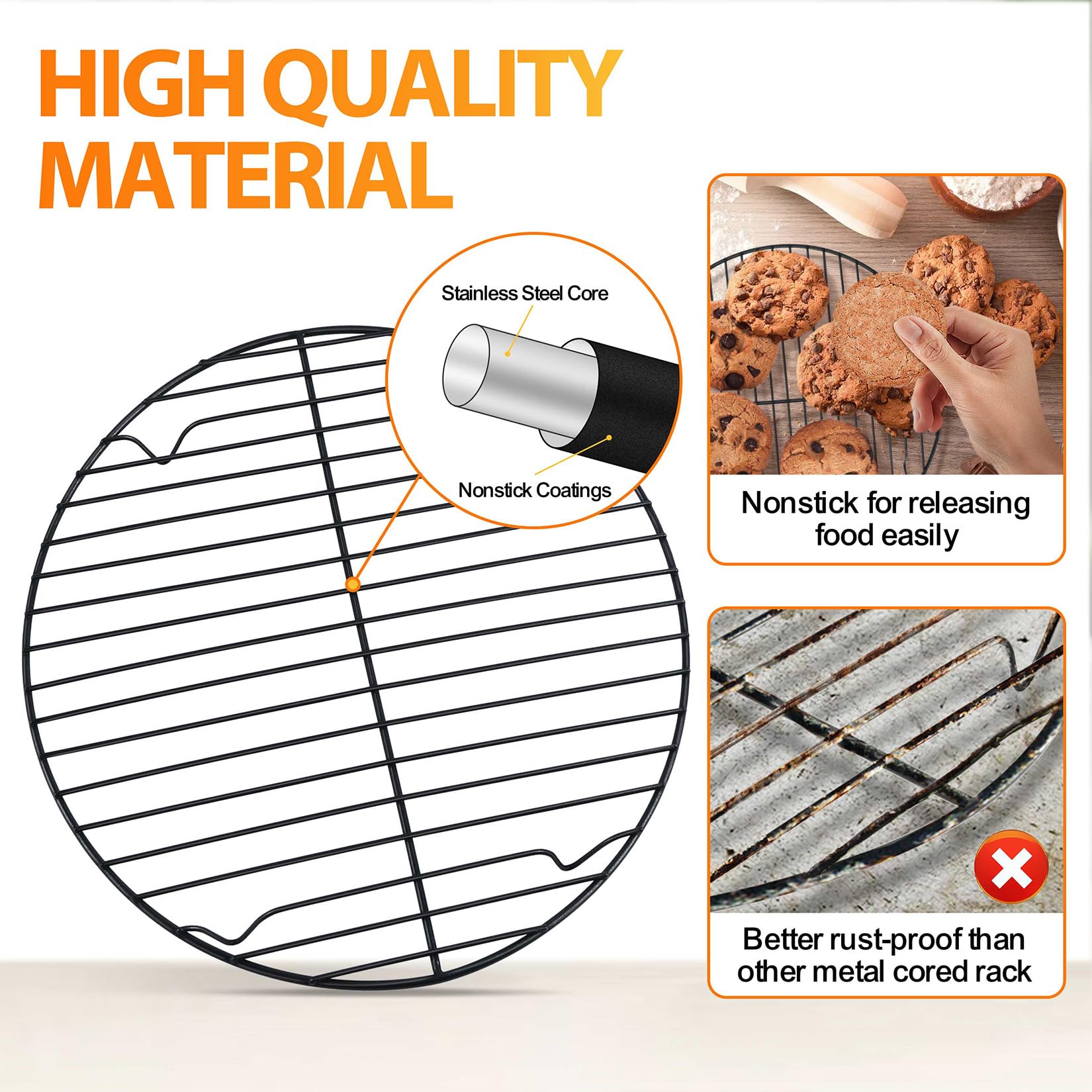 Non-Stick Round Racks For Cooling Baking Cooking, P&P Chef 10 Inch Roasting Wire Rack Set Of 2, Stainless Steel Core & Nonstick