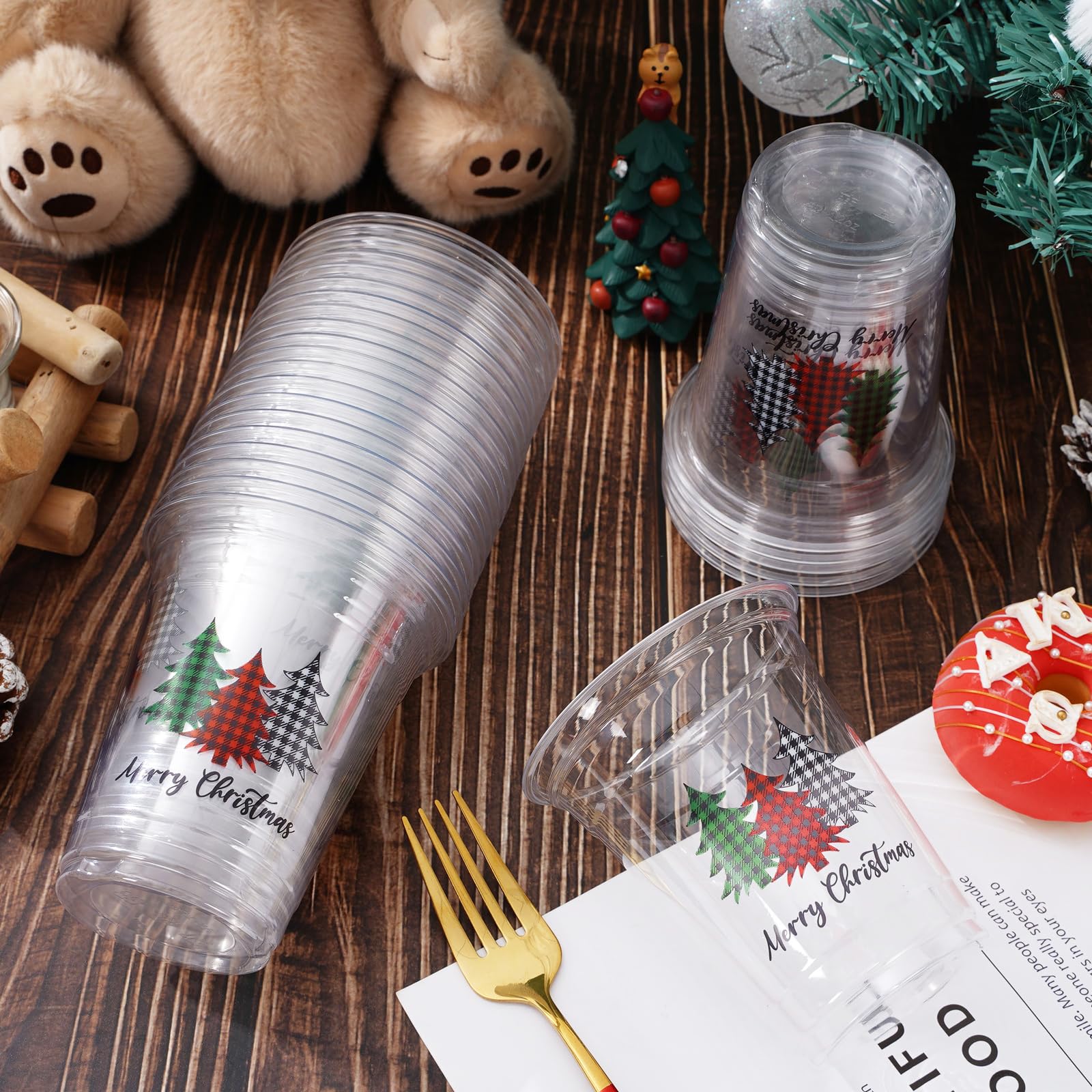 Whaline 50Pcs 12oz Christmas Disposable Cups Black Green Red Plaid Plastic Party Cups Christmas Tree Clear Plastic Glasses for X