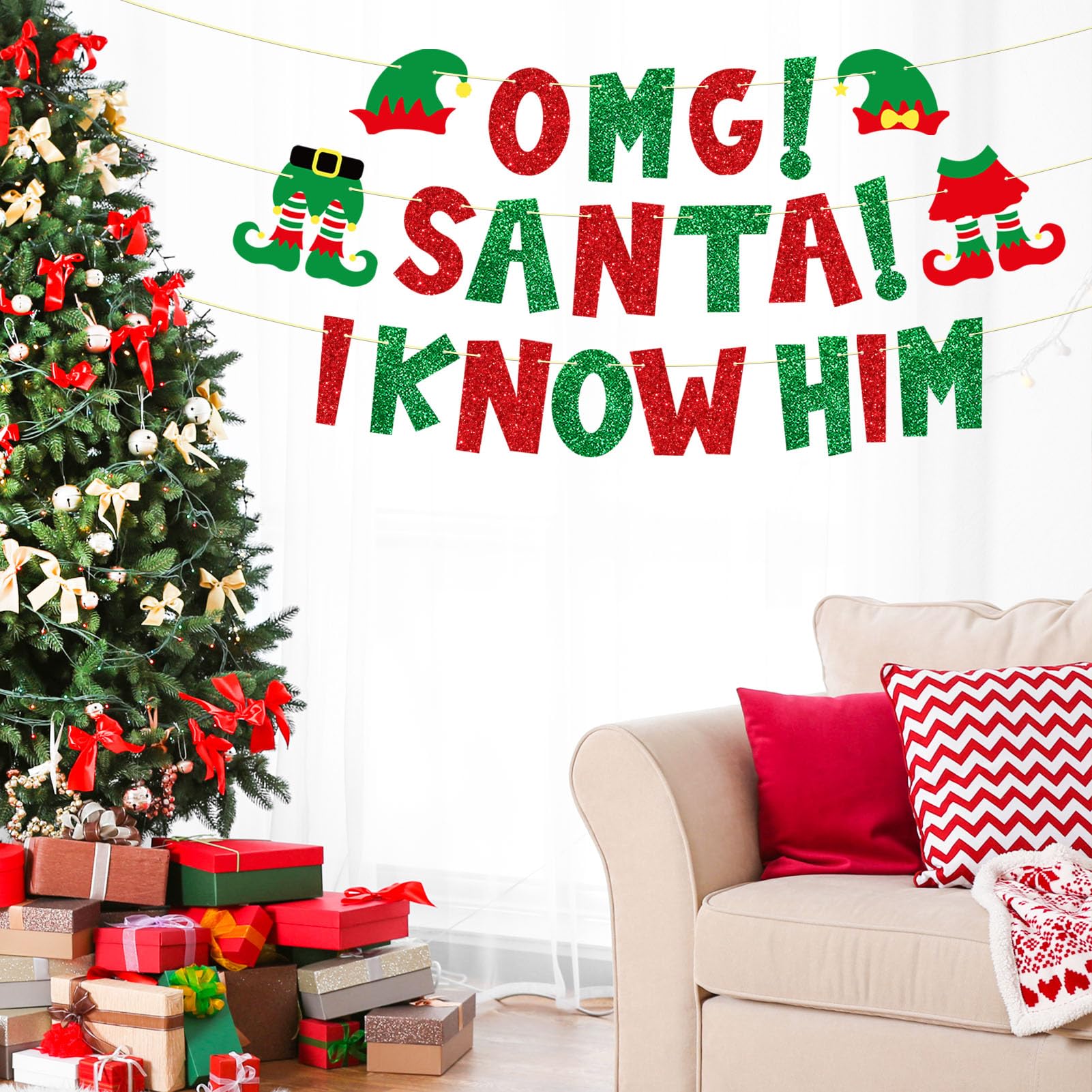 Ushinemi Pre-Strung Elf Christmas Party Decorations, No Diy Omg Santa I Know Him Banner, Red And Green Xmas Party Supplies