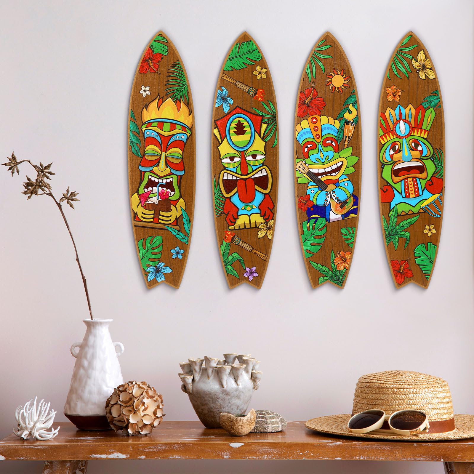 Blulu 4 Pcs Surfboard Wall Decor Surfboard Wall Hanging Sign Wooden Beach Decoration Summer Theme Decor Hawaiian Luau Party Deco