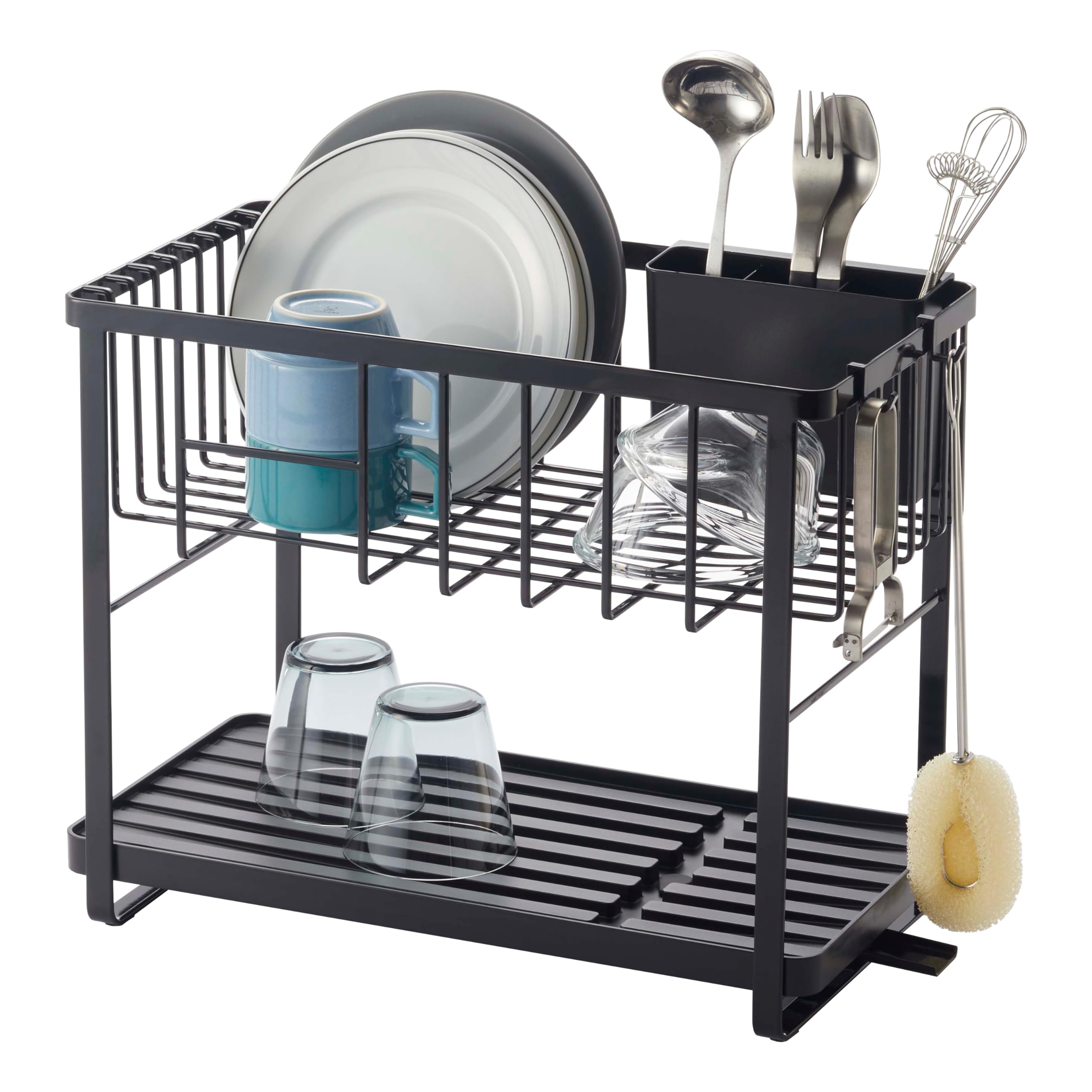 Yamazaki Home Tower Two-Tier Adjustable Dish Drainer Rack, Compact Drying Rack With Hooks, Utensils Holder - Steel -