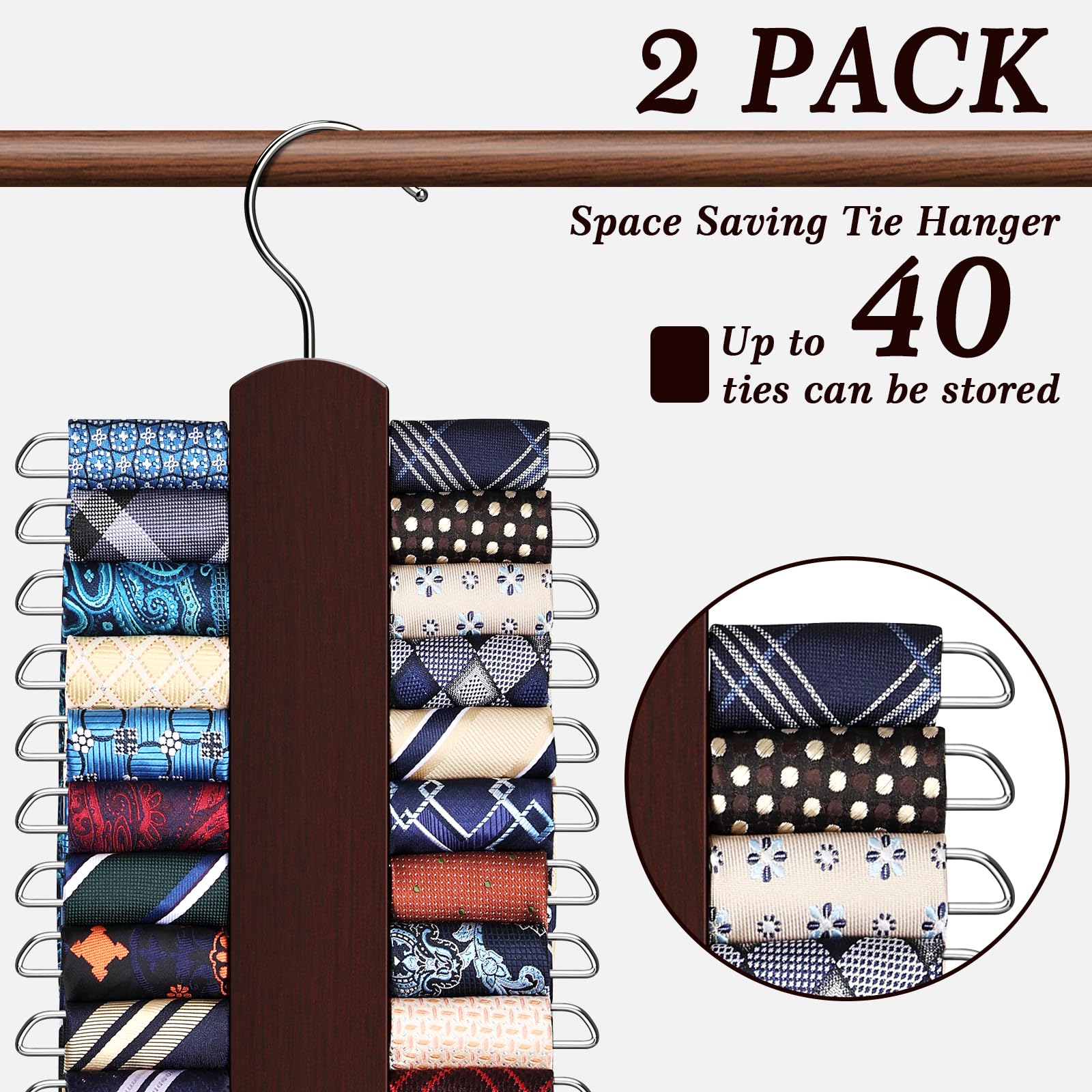 2 Pack Tie Rack For Closet, Premium Wooden Necktie Organizer Storage Tie/Belt Hanger, 360 Degree Swivel Space Saving Ties Holder