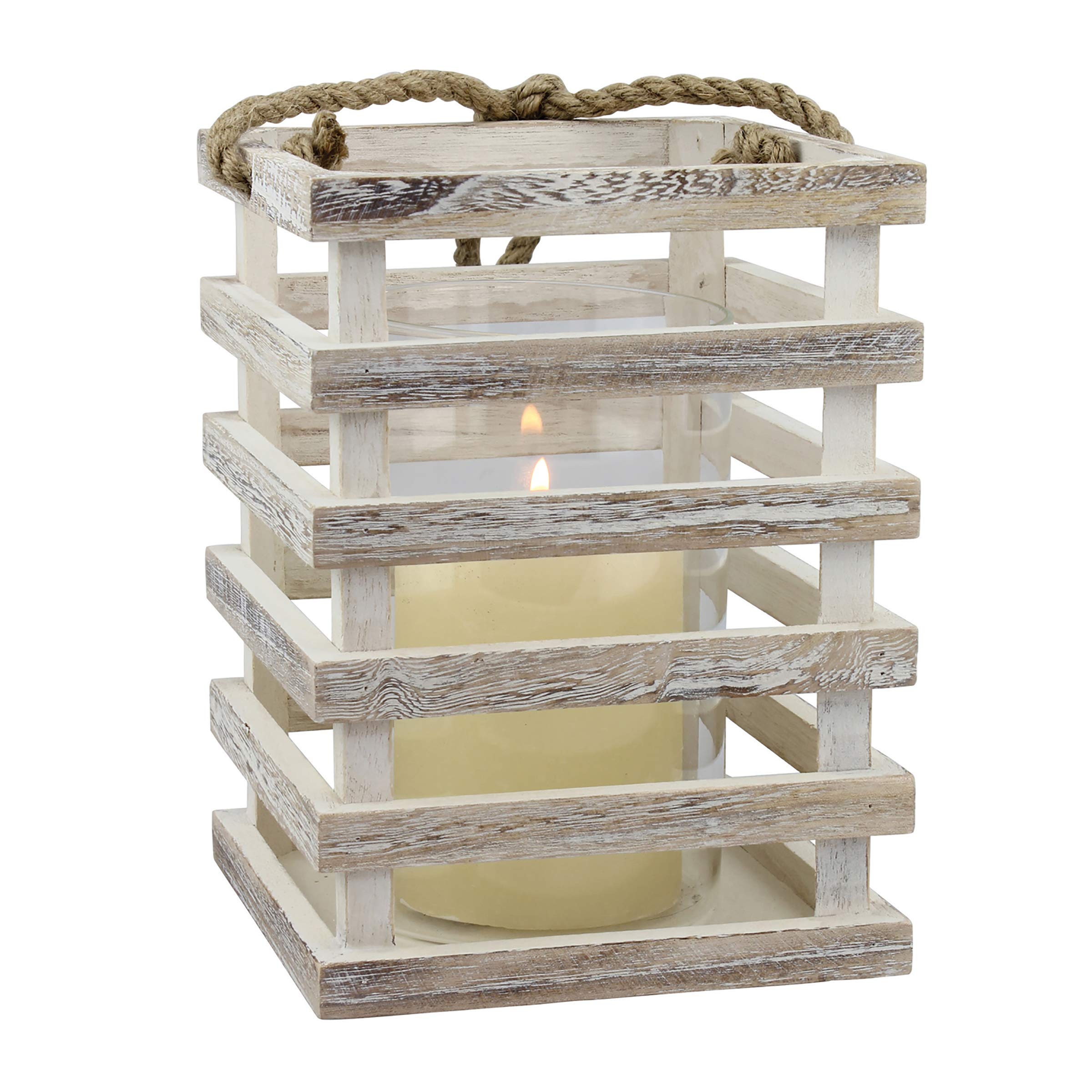 Stonebriar SB-5080B Worn White Wooden Beach House Candle Lantern with Rope Handle and Removable Glass Cylinder Hurricane, MEDIUM
