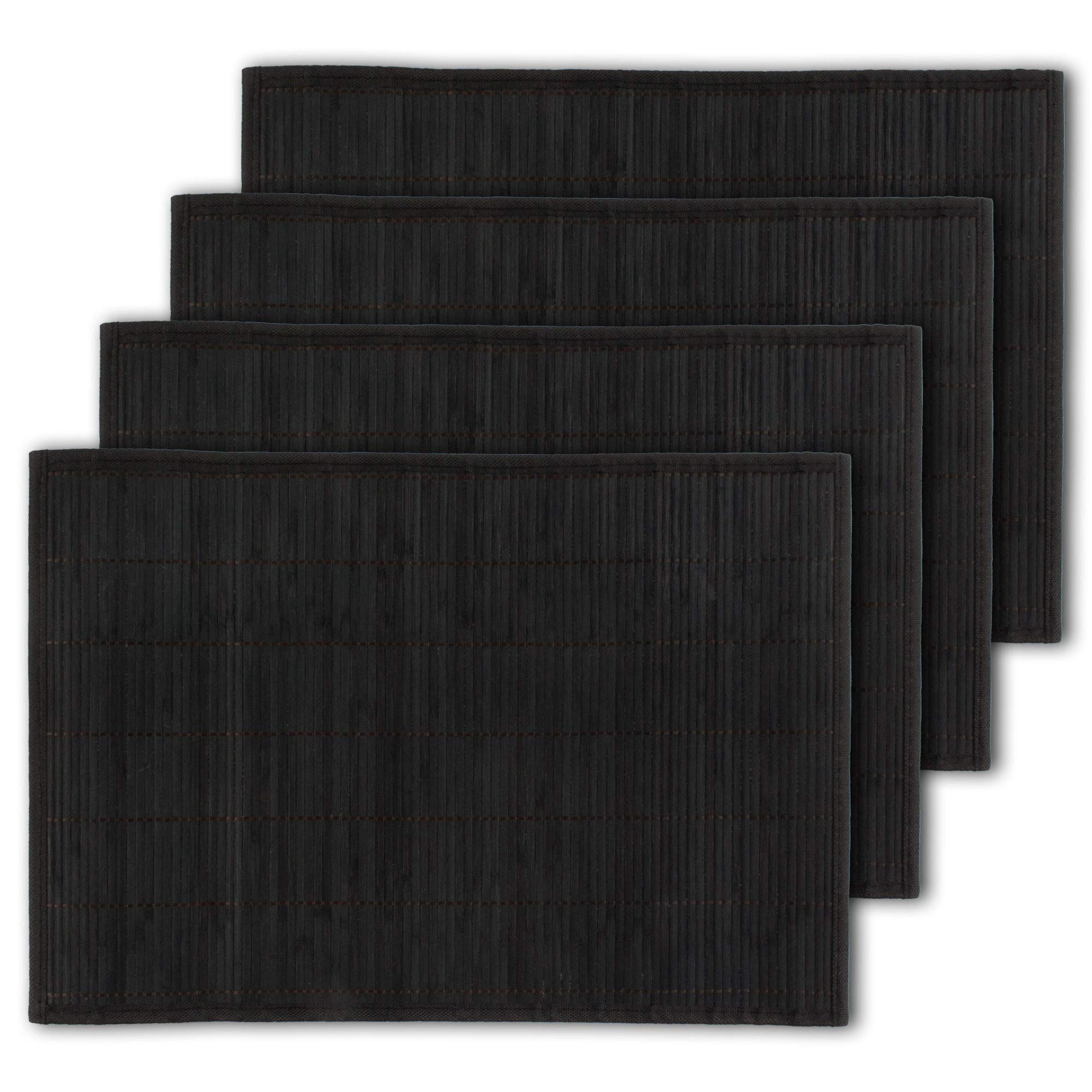 Bamboomn Bamboo Slats Placemat With Fabric Border - Solid Color Print - 18'' X 13'' - Black, 4 Pcs