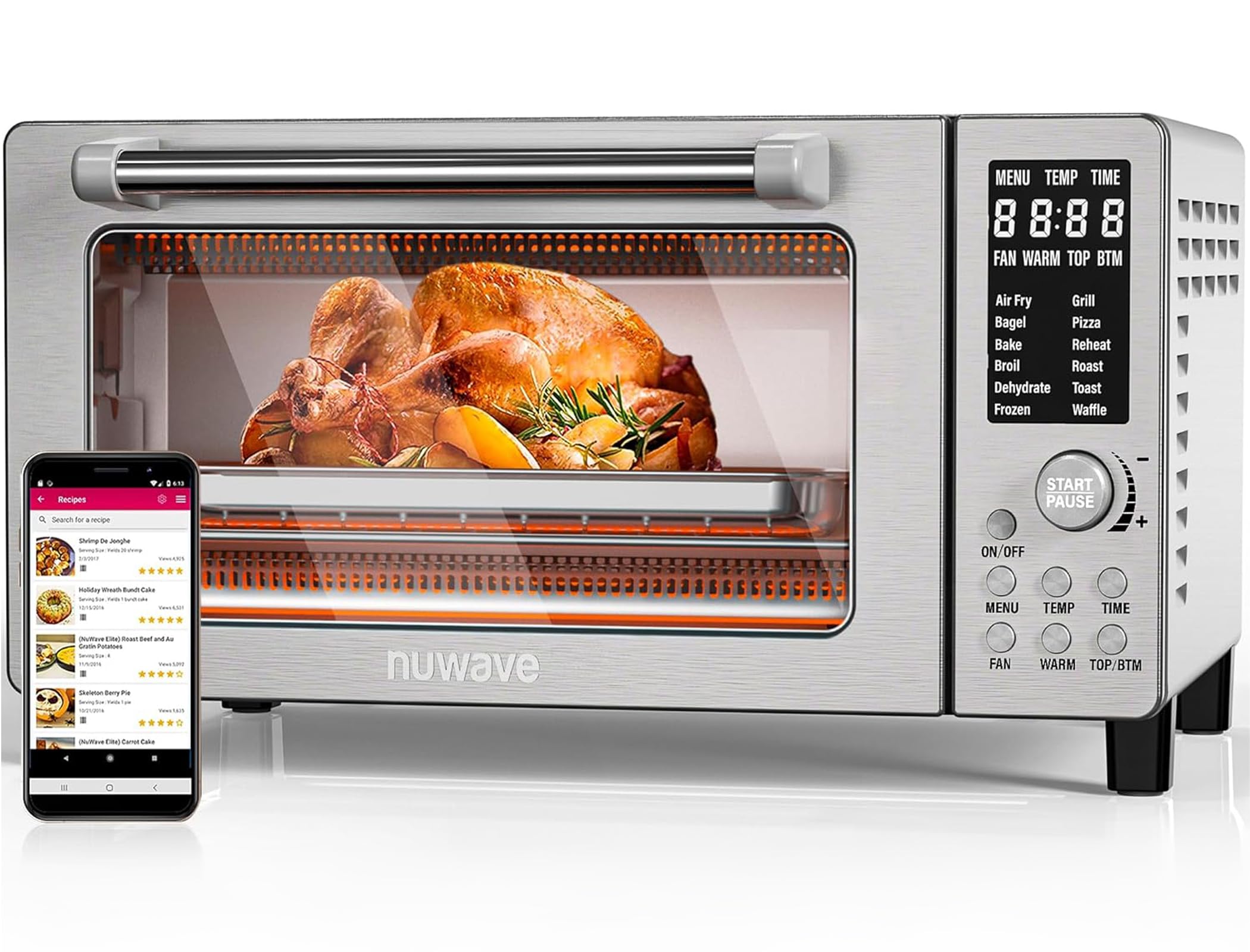 Nuwave Bravo Air Fryer Toaster Smart Oven, 10-in-1 Countertop Convection, 1800 Watts, 21-Qt Capacity, 50-450F Temp Controls, Top