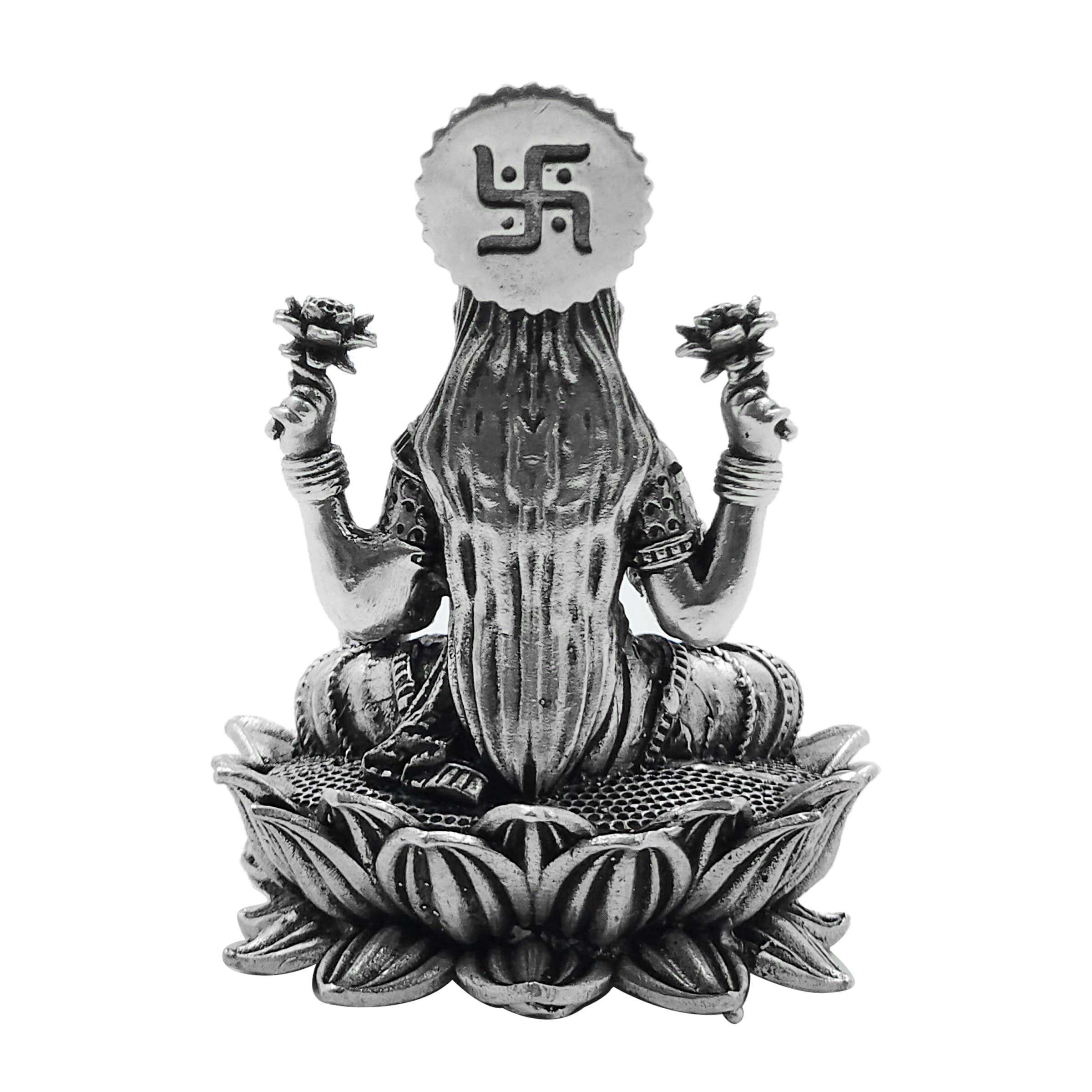 Maa Silver Pure Silver Goddess Lakshmi/Laxmiji Semi-Solid Idol/Murti On Lotus/Kamal With Antique Oxidized Finish Perfect For Poo