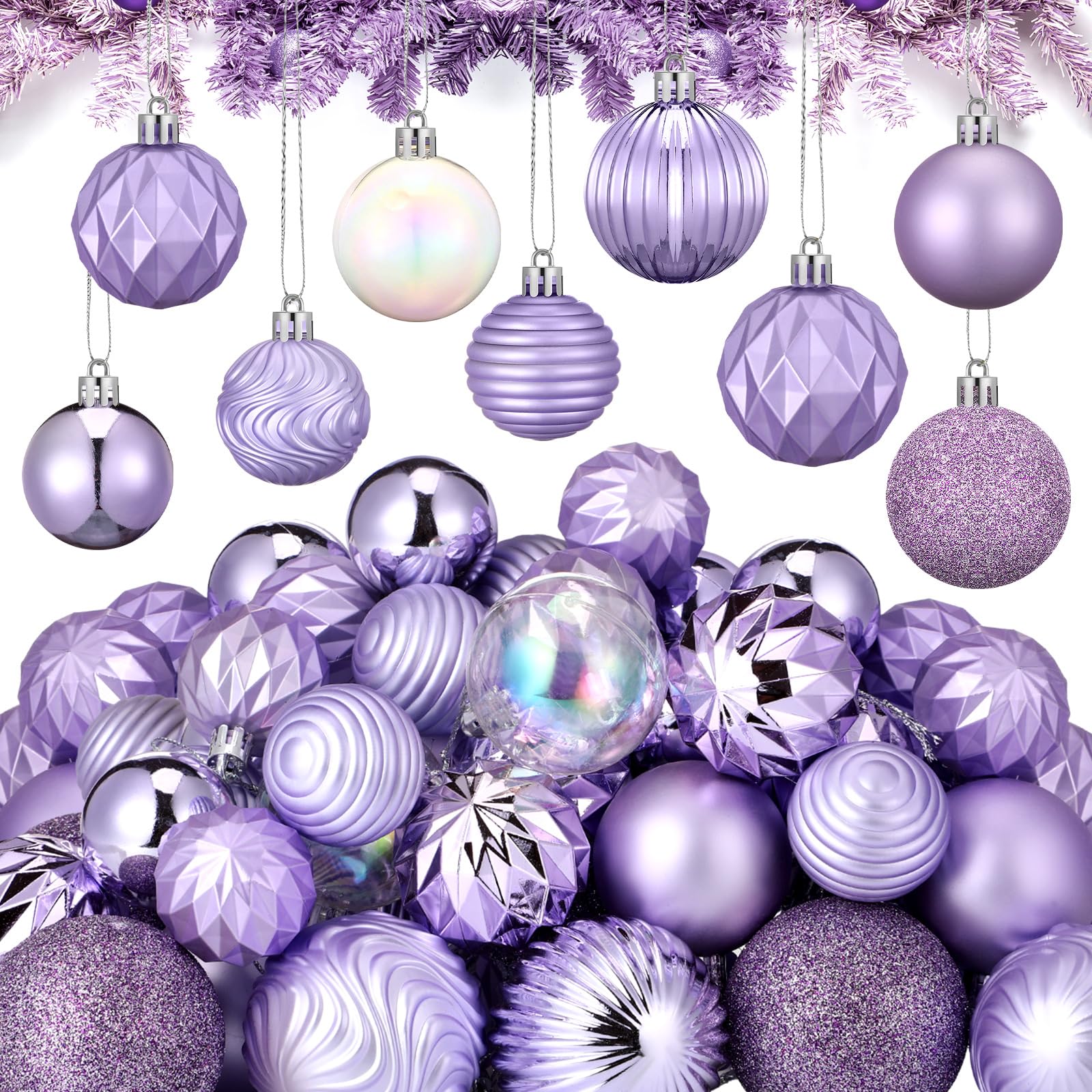 Lunmon 64 Pcs Lilac Purple Christmas Ball Ornaments Lavender Purple Christmas Ornaments Shatterproof Xmas Tree Decorations Set 1