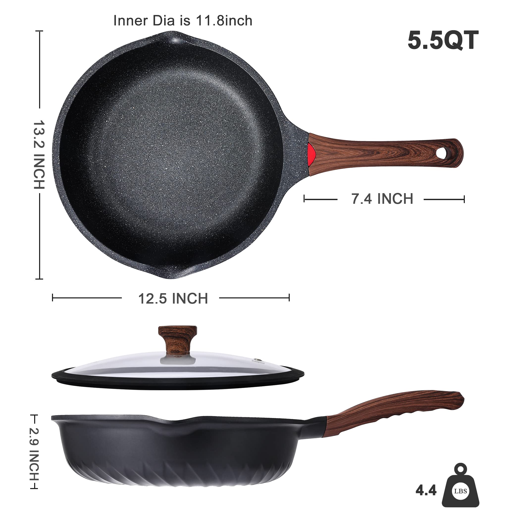 Vinchef Nonstick Deep Frying Pan Saute Pan With Lid, 12In/5.5Qt Fry Pan, German 3C+ Ceramic Coating Technology, Heat Indicator,