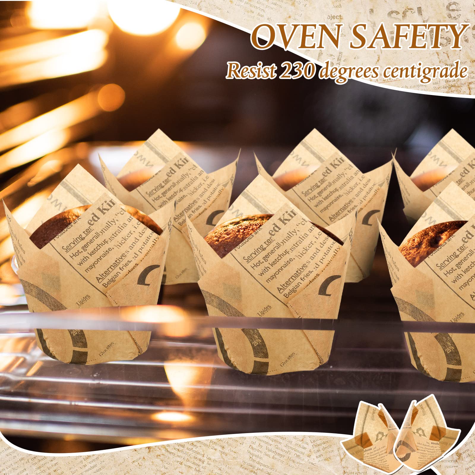 400 Pieces Tulip Cupcake Liners Newspaper Print Paper Cupcake Liner Greaseproof Muffin Liners Grease Resistant Cupcake Wrappers