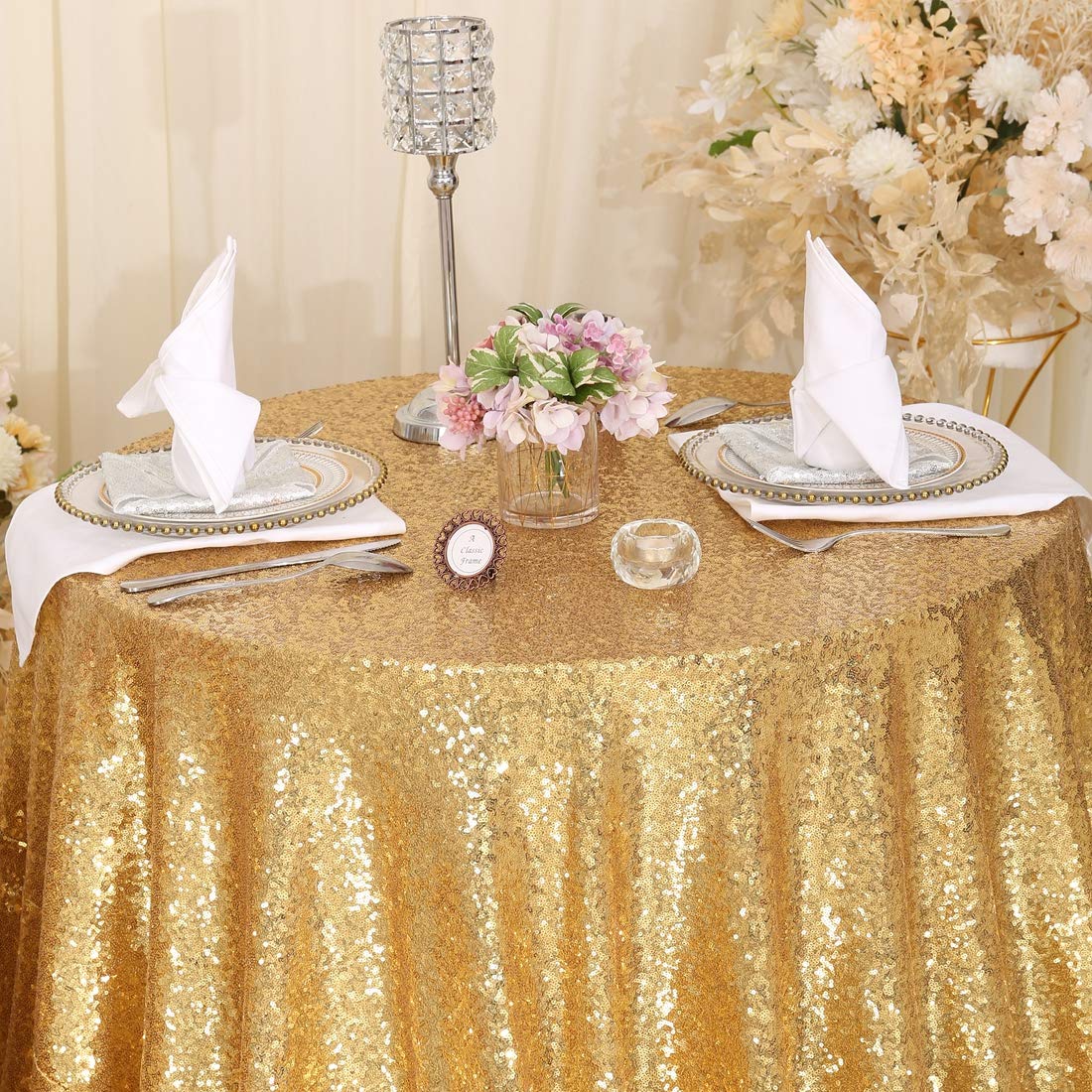 Partydelight 50'' Round Sparkly Gold Sequin Tablecloth For Wedding, Party, Christmas Decorations