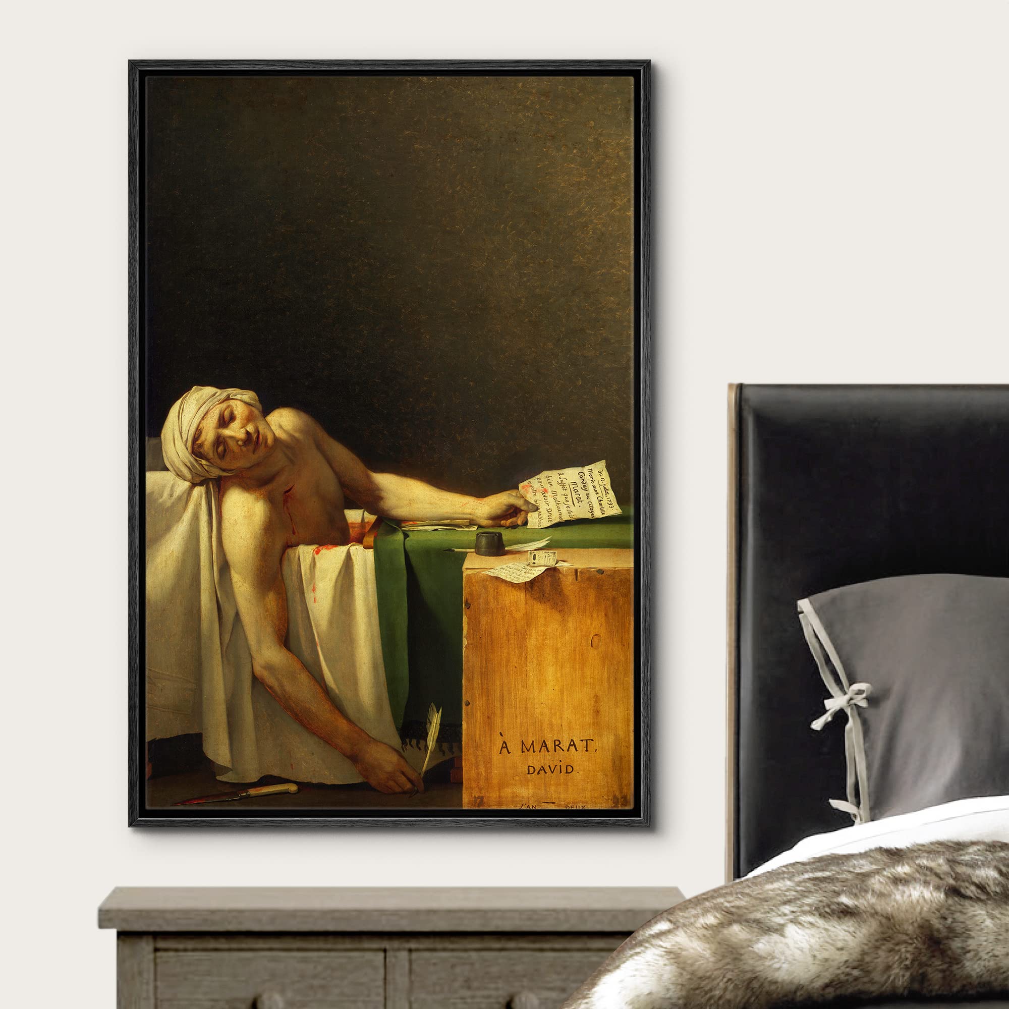 Wall26 - The Death Of Marat By Jacques-Louis David - Framed Canvas Print Wall Art Famous Painting Reproduction - 24''X36'' Black
