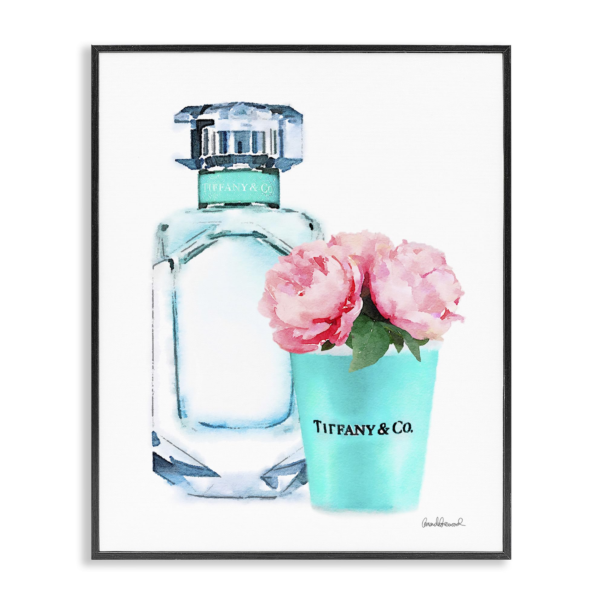 The Stupell Home D  cor Collection Teal Blue Perfume Bottle and Pink Peonies Framed Giclee Texturized Art, Multi-Color