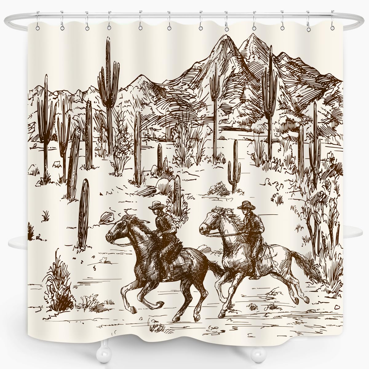 Zxmbf Western Cowboy Shower Curtain Cactus Farmhouse Country American Wild West Cowboy Riding Horse In Desert Hand Drawn Home Ba