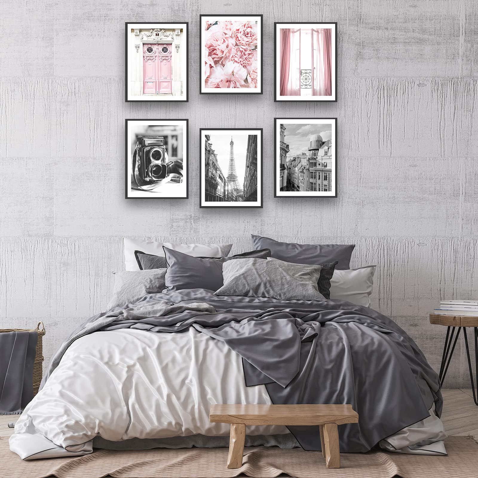Hoozgee Vintage Fashion Paris Wall Art Prints Black And White Canvas Poster Eiffel Tower Pink Flower Doors Windows Pictures Phot