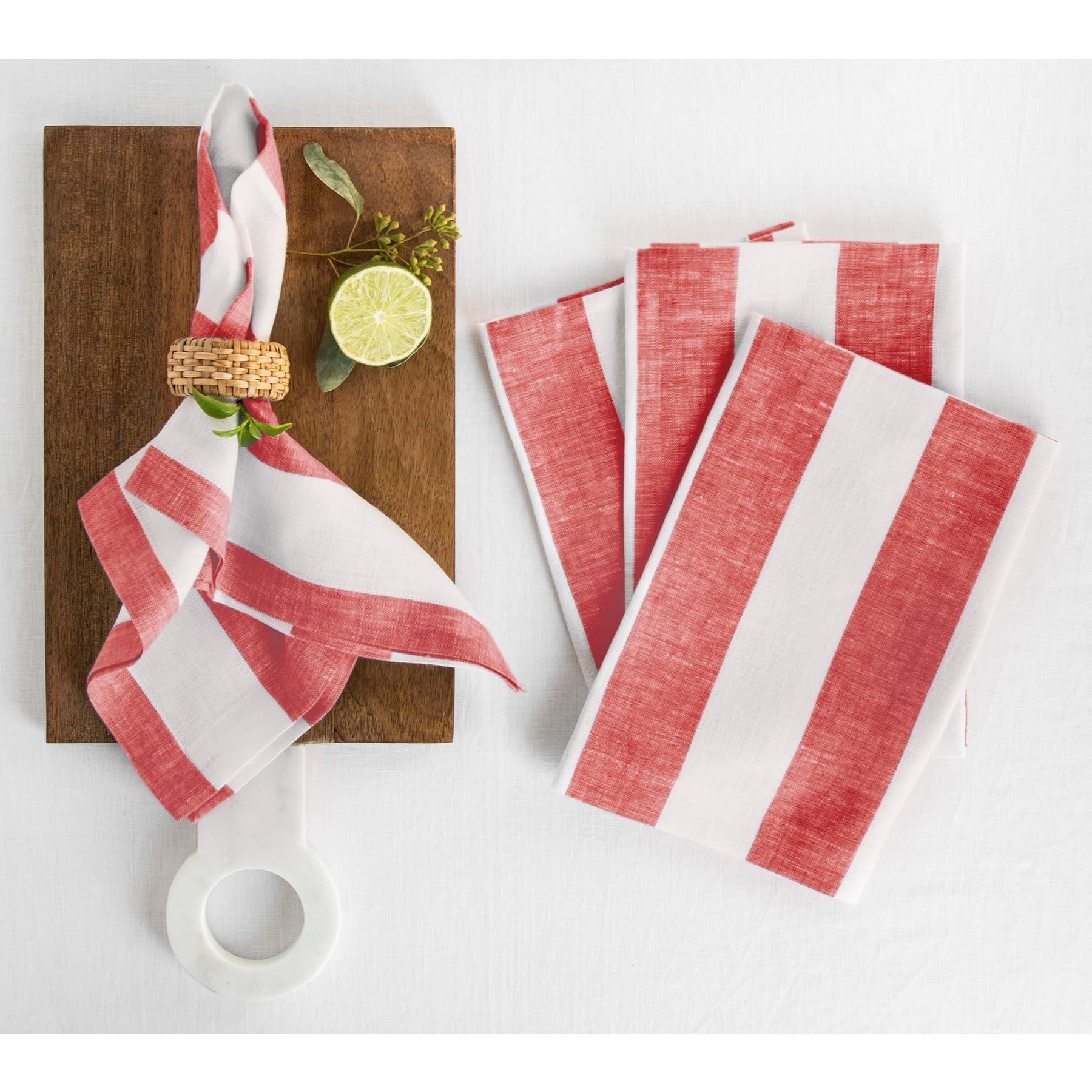 Solino Home Cabana Stripe Linen Dinner Napkins - 20 X 20 Inch, 100% Pure Linen Red And White Napkins Set Of 4 For Spring - Handc
