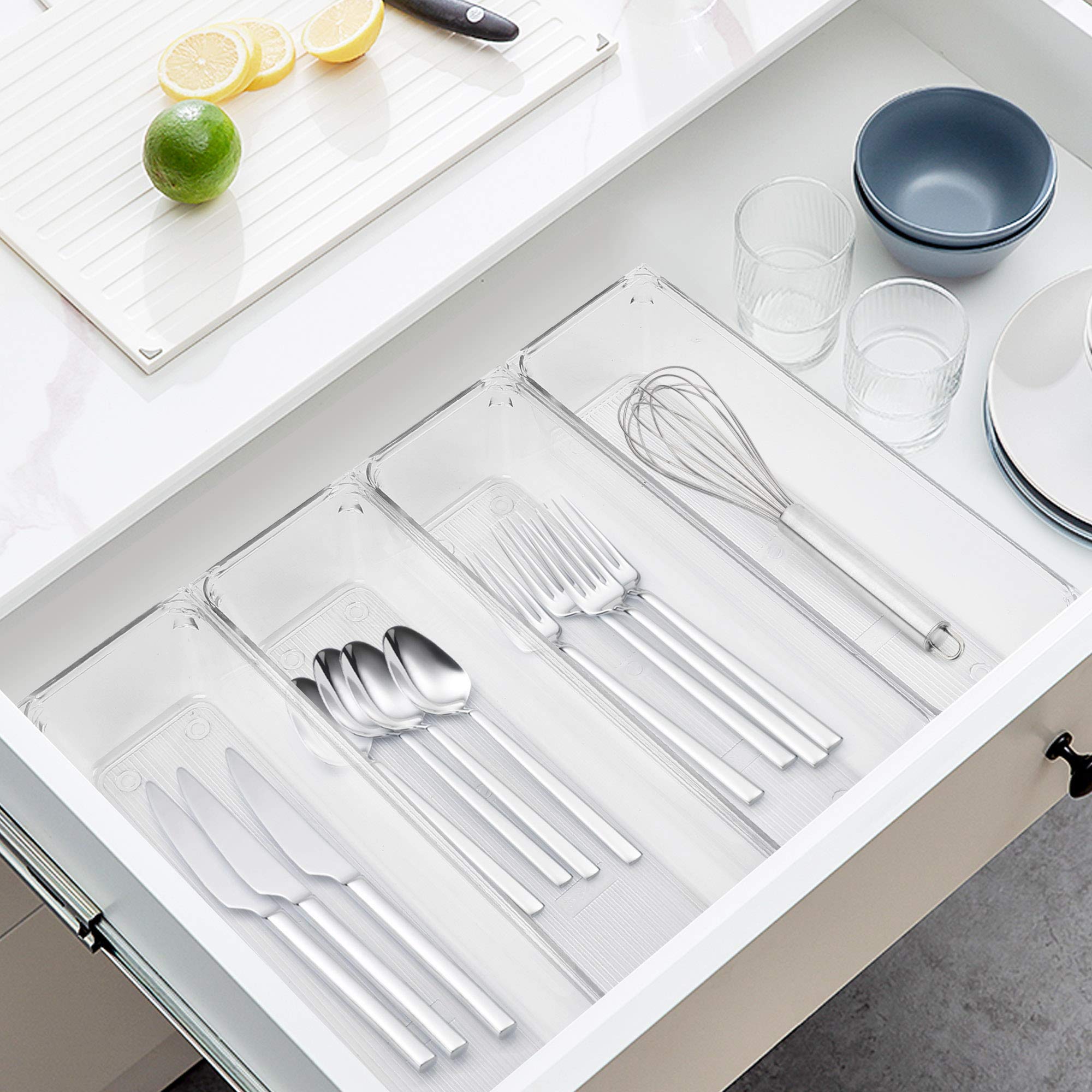 LotFancy 8 Pack Clear Plastic Drawer Organizers, Food Grade Storage Trays, Non-Slip Storage Bins for Kitchen Utensil, Silverware