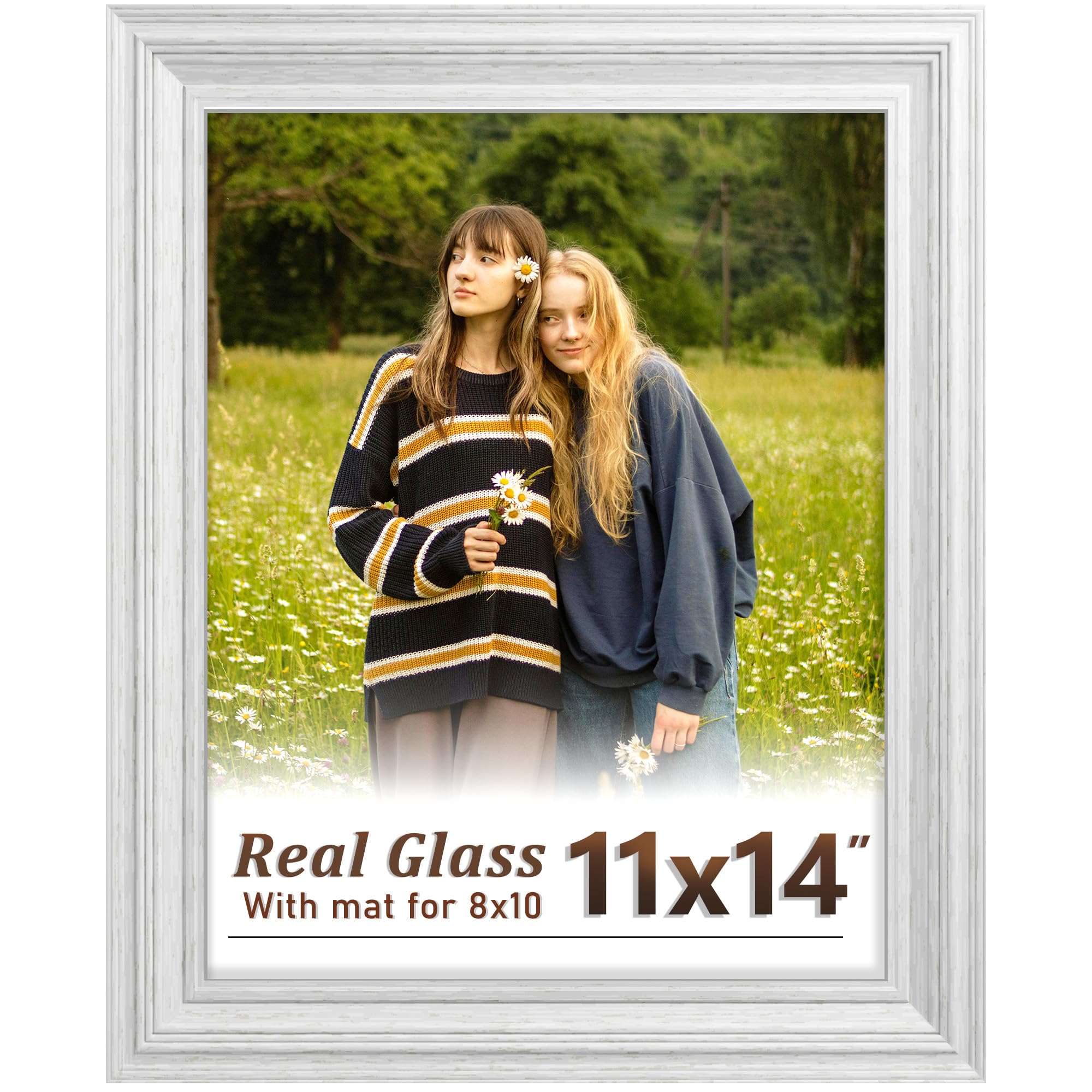 Tinkeps 11x14 White Picture Frame - Real Glass, Classic Thick Frame Display Pictures 8x10 with Mat or 11 x 14 without Mat, Wall 
