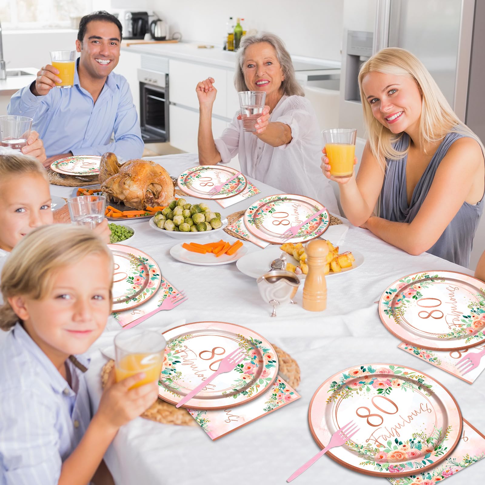 Obusatt 96Pcs Floral 80 Fabulous Party Supplies 80Th Birthday Paper Plates Napkins Rose Gold Party Decorations 80 Years Dinnerwa